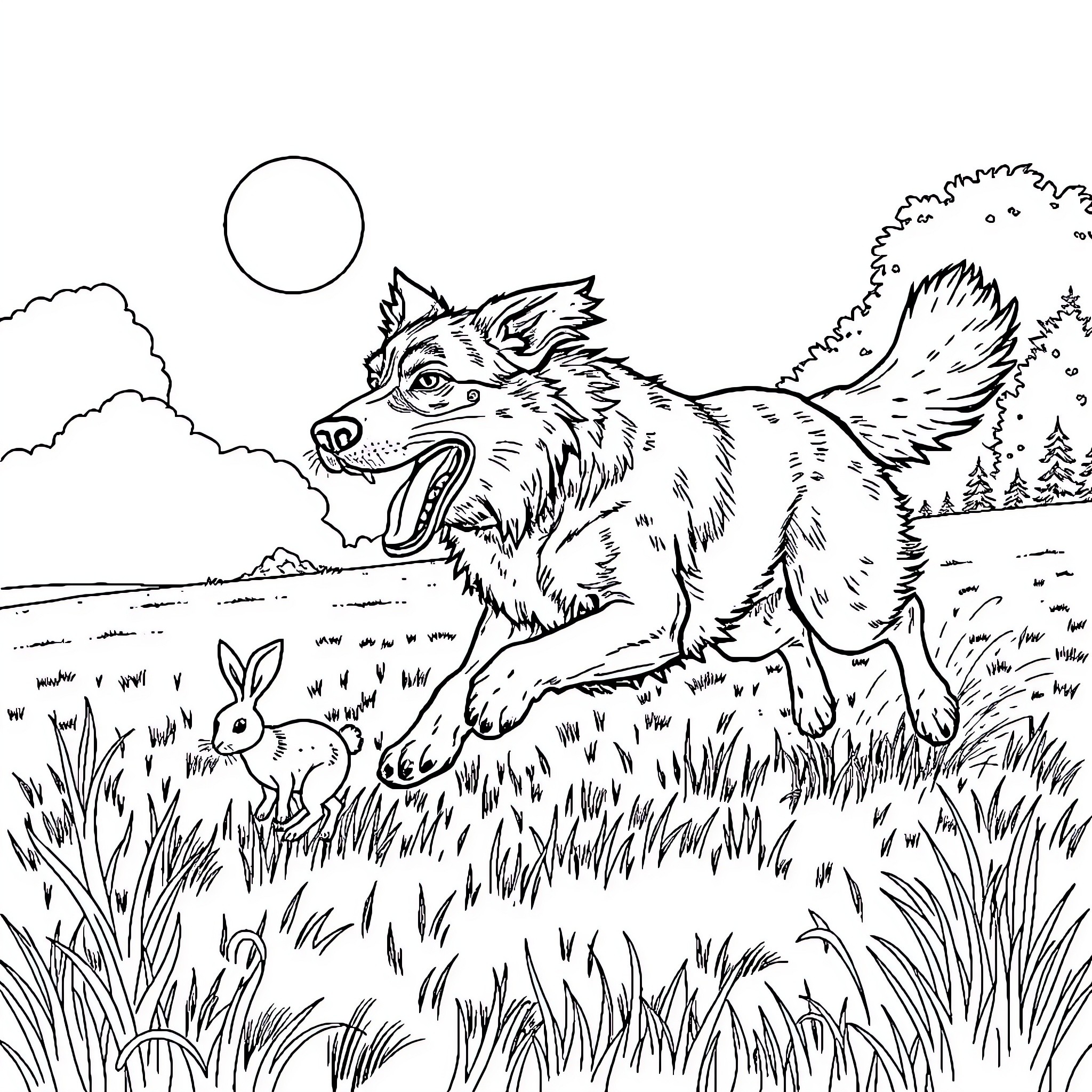 Münsterländer dog chasing a rabbit in the meadow Coloring Page (free black-and-white line drawing printable PDF for all, from beginners to advanced learners, including children, teens, adults, and seniors)