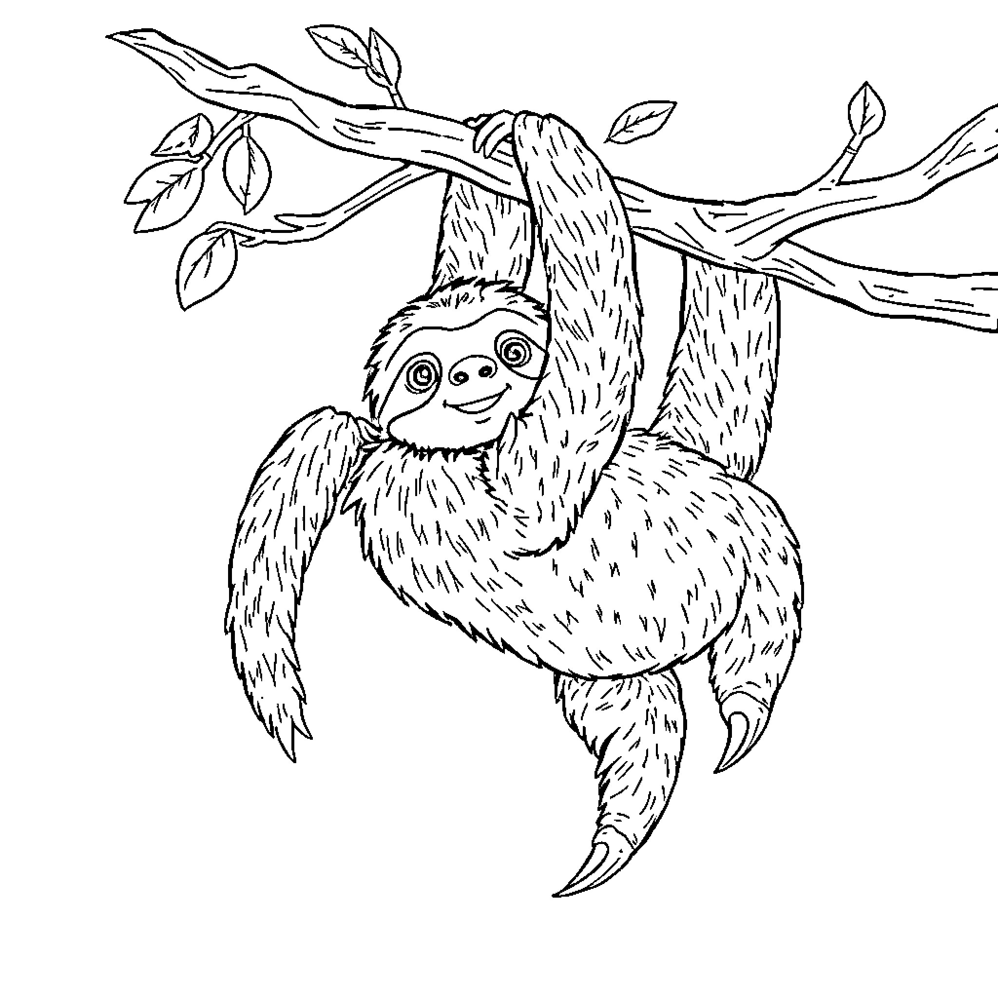 Sloth hanging joyfully from a tree branch Coloring Page (free black-and-white line drawing printable PDF for all, from beginners to advanced learners, including children, teens, adults, and seniors)