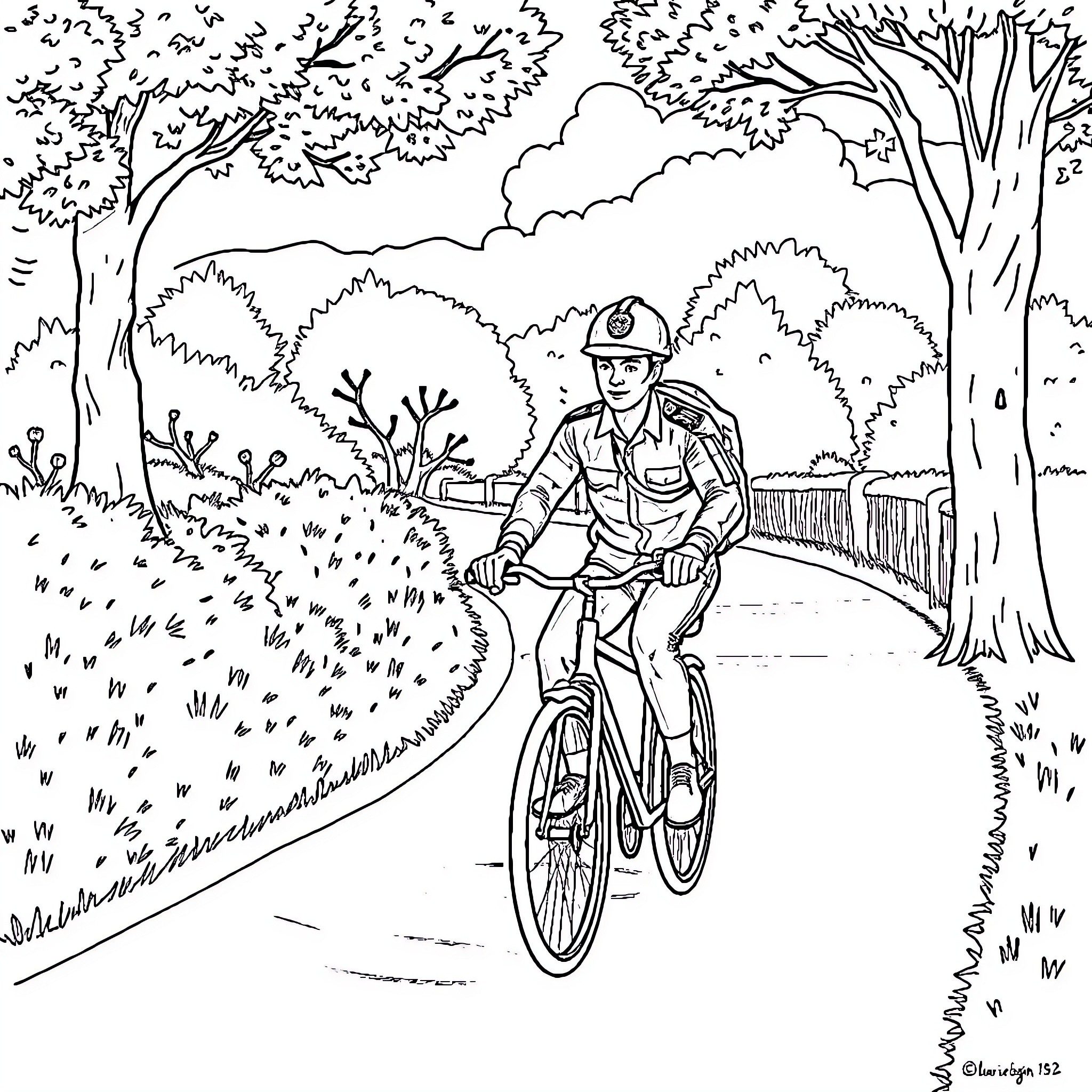 Pompier riding bicycle on path through forest Coloring Page (free black-and-white line drawing printable PDF for all, from beginners to advanced learners, including children, teens, adults, and seniors)