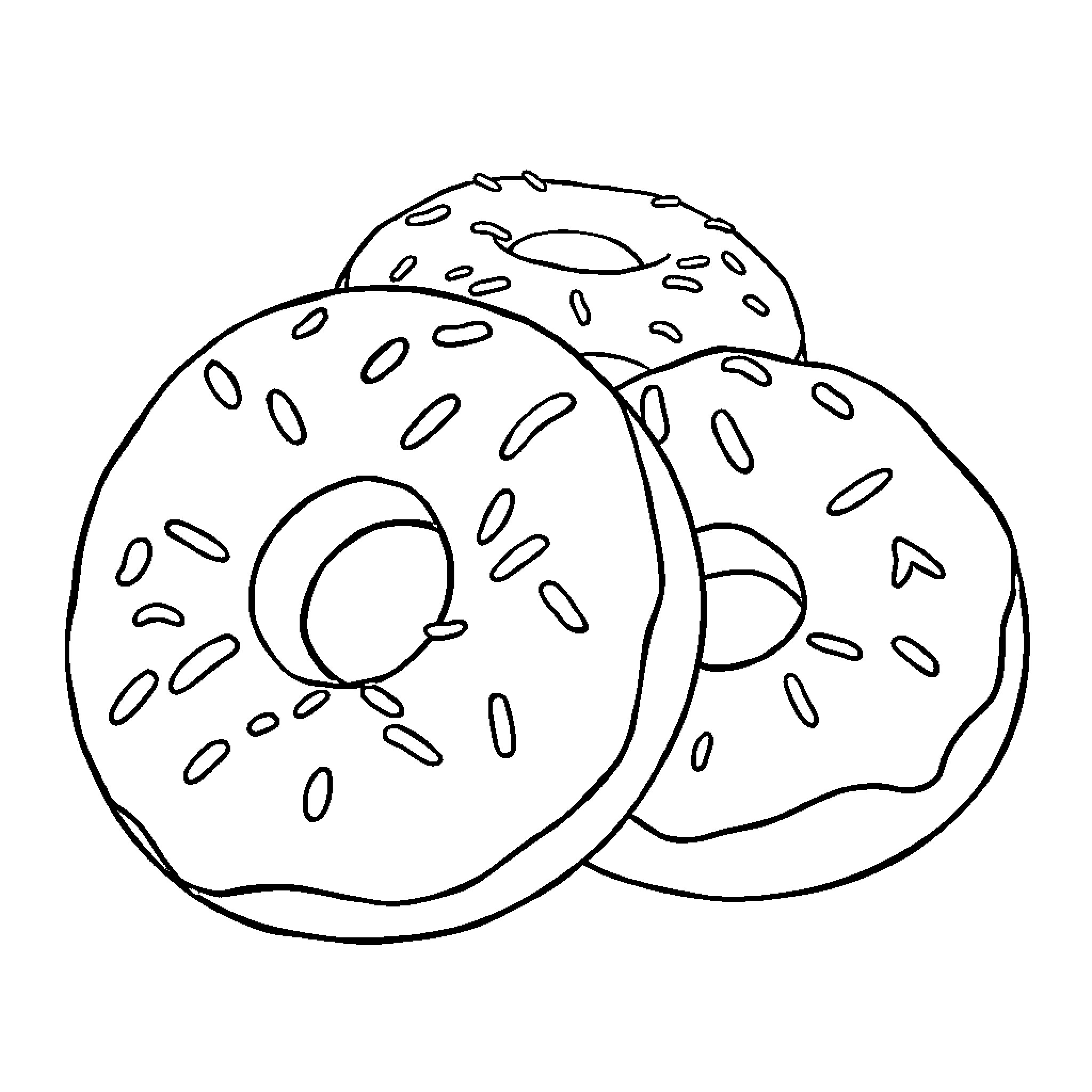 Donut treats stacked and ready to be enjoyed Coloring Page (free black-and-white line drawing printable PDF for all, from beginners to advanced learners, including children, teens, adults, and seniors)