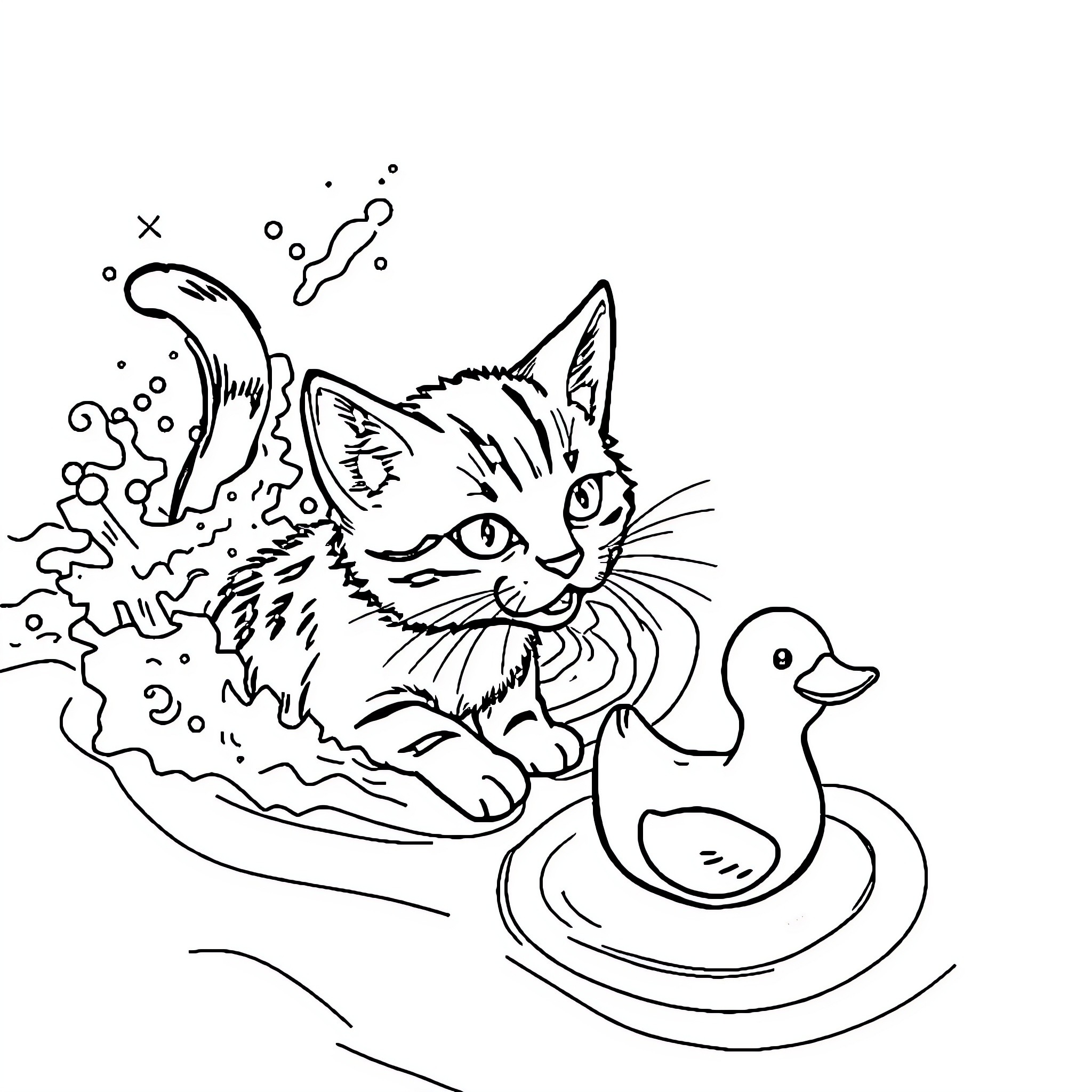 Cat playing with bath toys in the tub Coloring Page (free black-and-white line drawing printable PDF for all, from beginners to advanced learners, including children, teens, adults, and seniors)