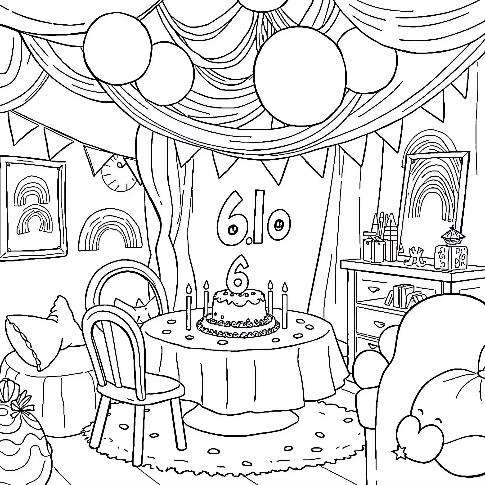 Rainbow Party Celebration with Decorations and Cake Coloring Page (free black-and-white line drawing printable PDF for all, from beginners to advanced learners, including children, teens, adults, and seniors)