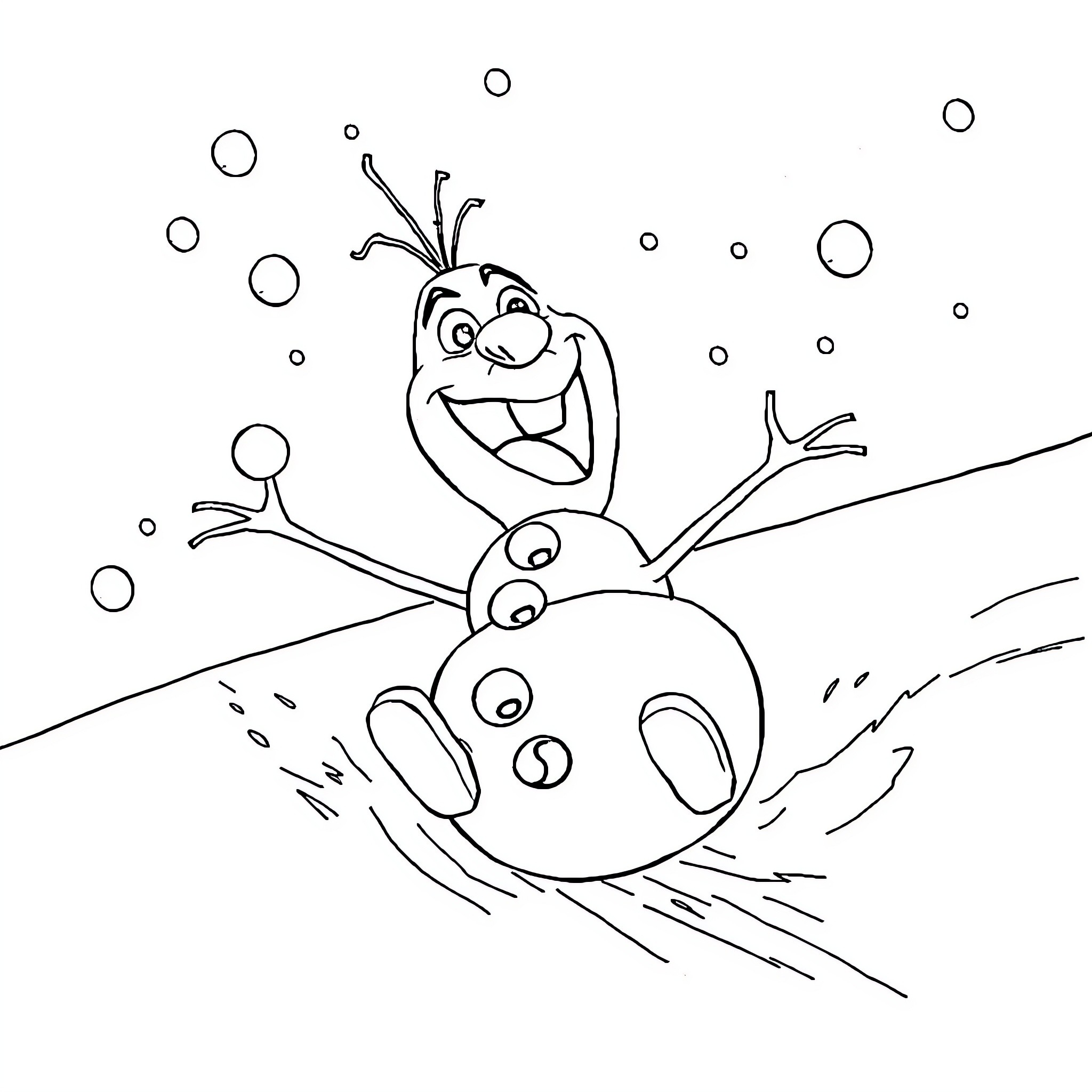 Snowman playing happily in the winter wonderland Coloring Page (free black-and-white line drawing printable PDF for all, from beginners to advanced learners, including children, teens, adults, and seniors)