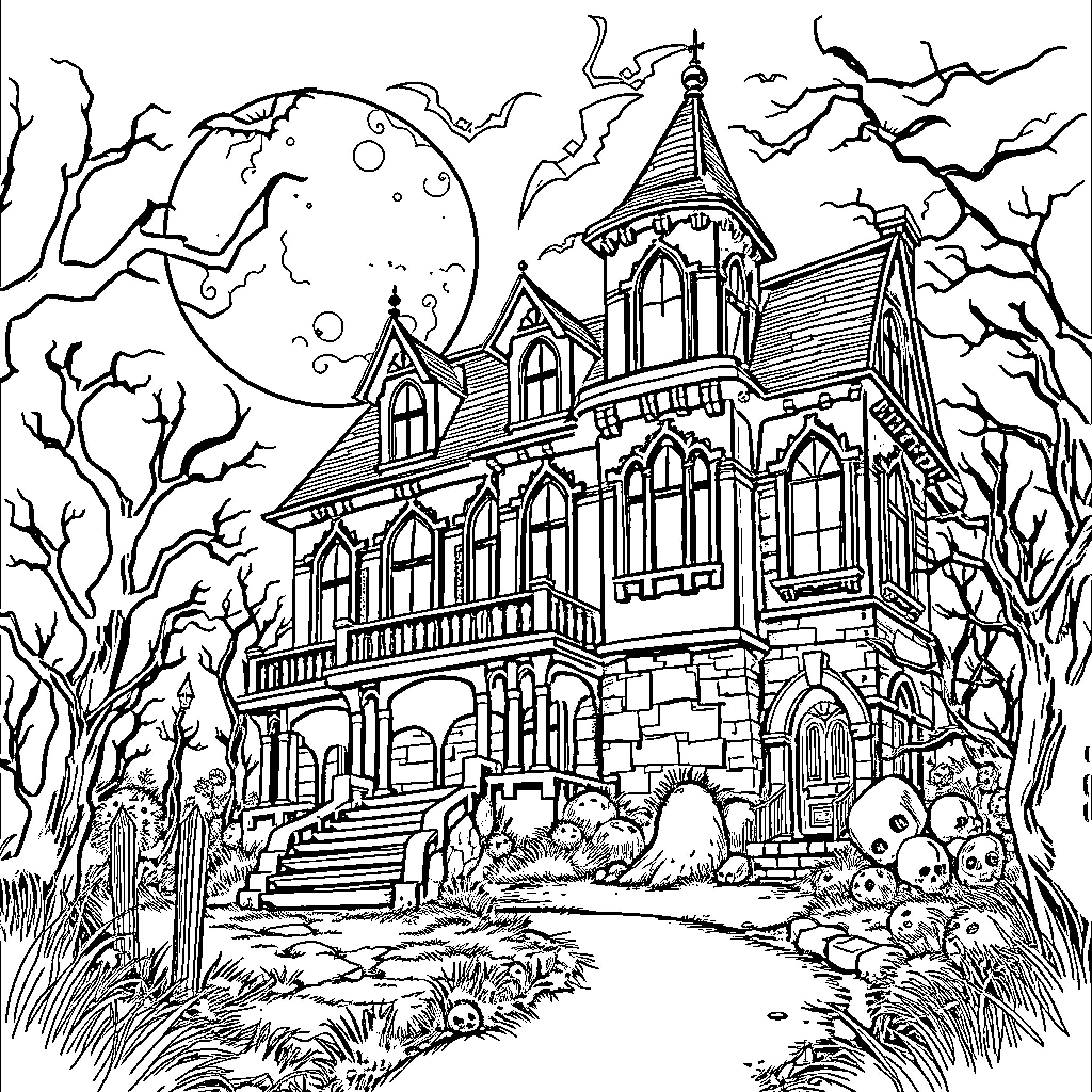 Mansion of Gothic Architecture under Haunting Moon Coloring Page (free black-and-white line drawing printable PDF for all, from beginners to advanced learners, including children, teens, adults, and seniors)
