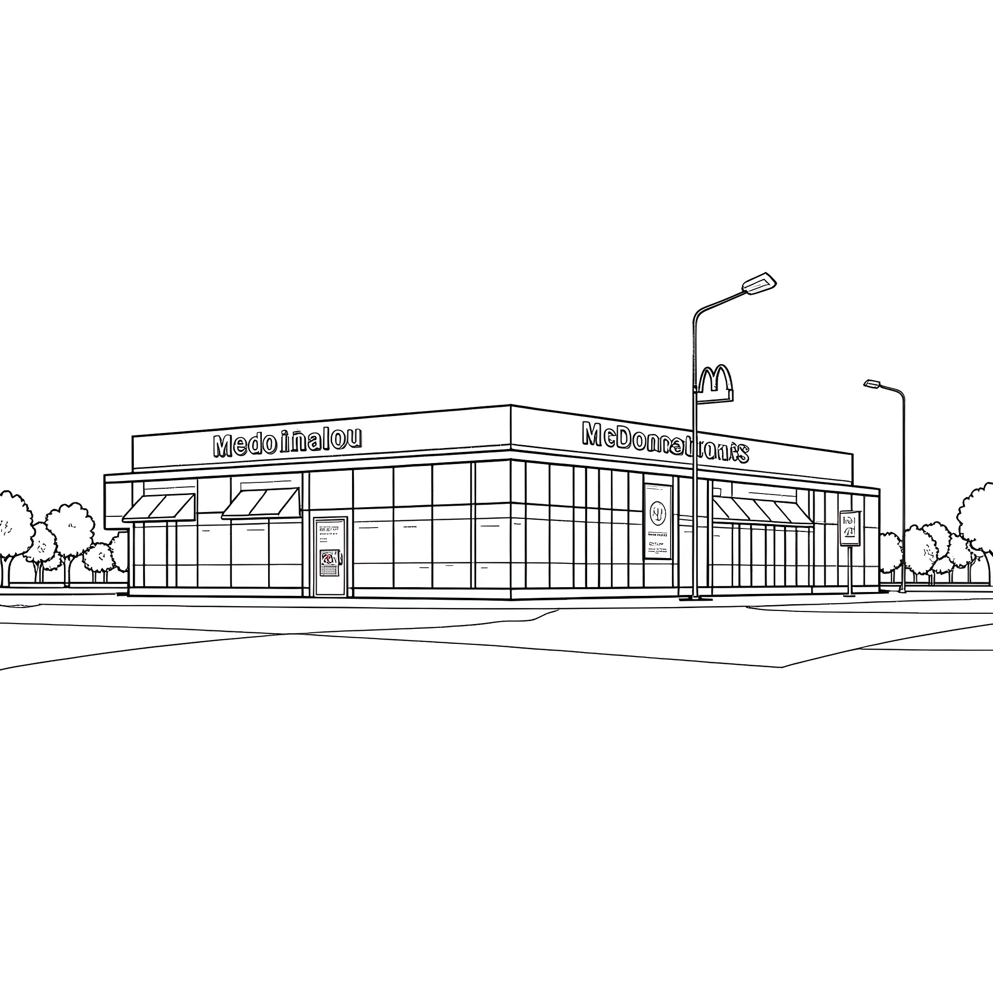 McDonald's restaurant with classic architecture Coloring Page (free black-and-white line drawing printable PDF for all, from beginners to advanced learners, including children, teens, adults, and seniors)