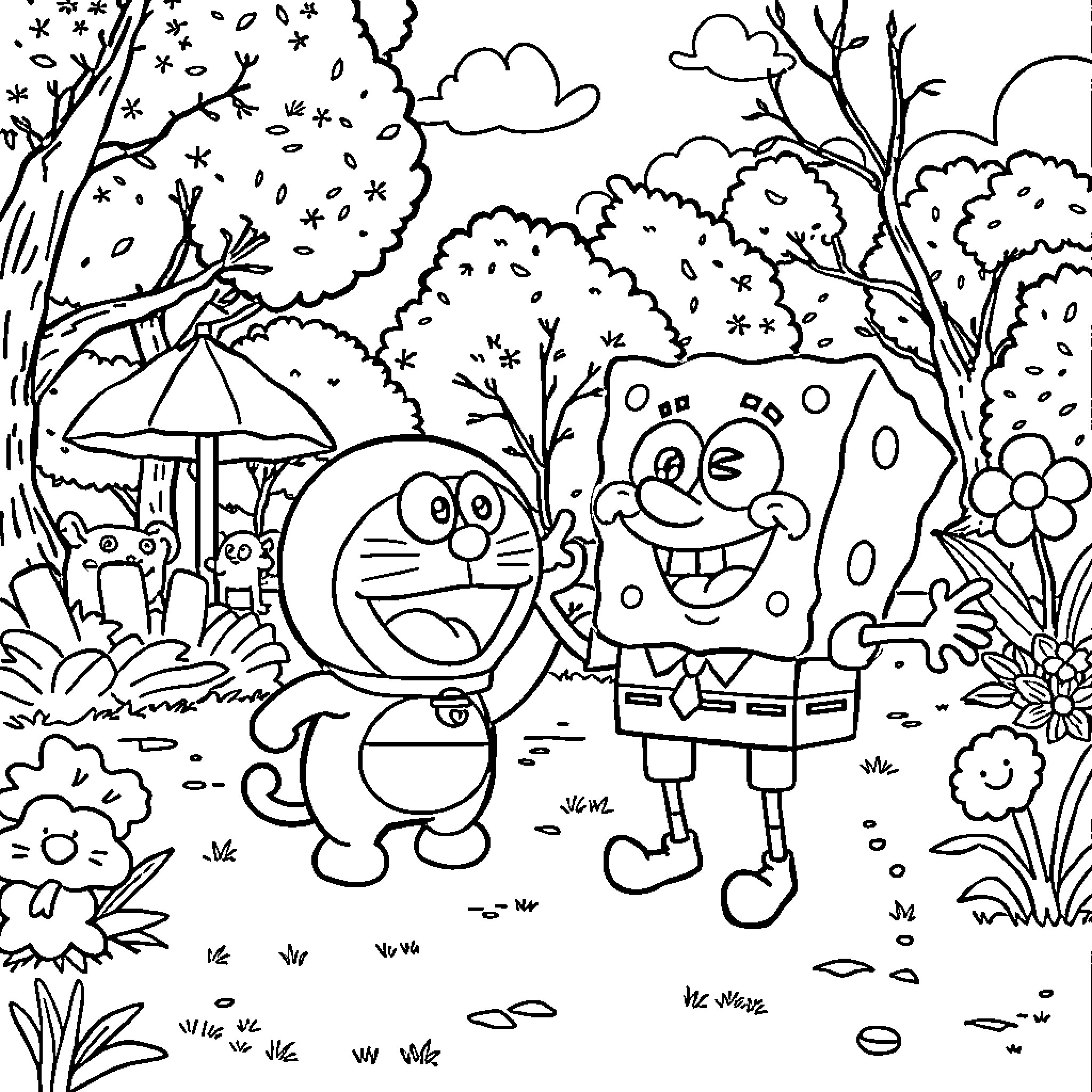 Bob Sponge and Doraemon enjoying a colorful garden adventure Coloring Page (free black-and-white line drawing printable PDF for all, from beginners to advanced learners, including children, teens, adults, and seniors)