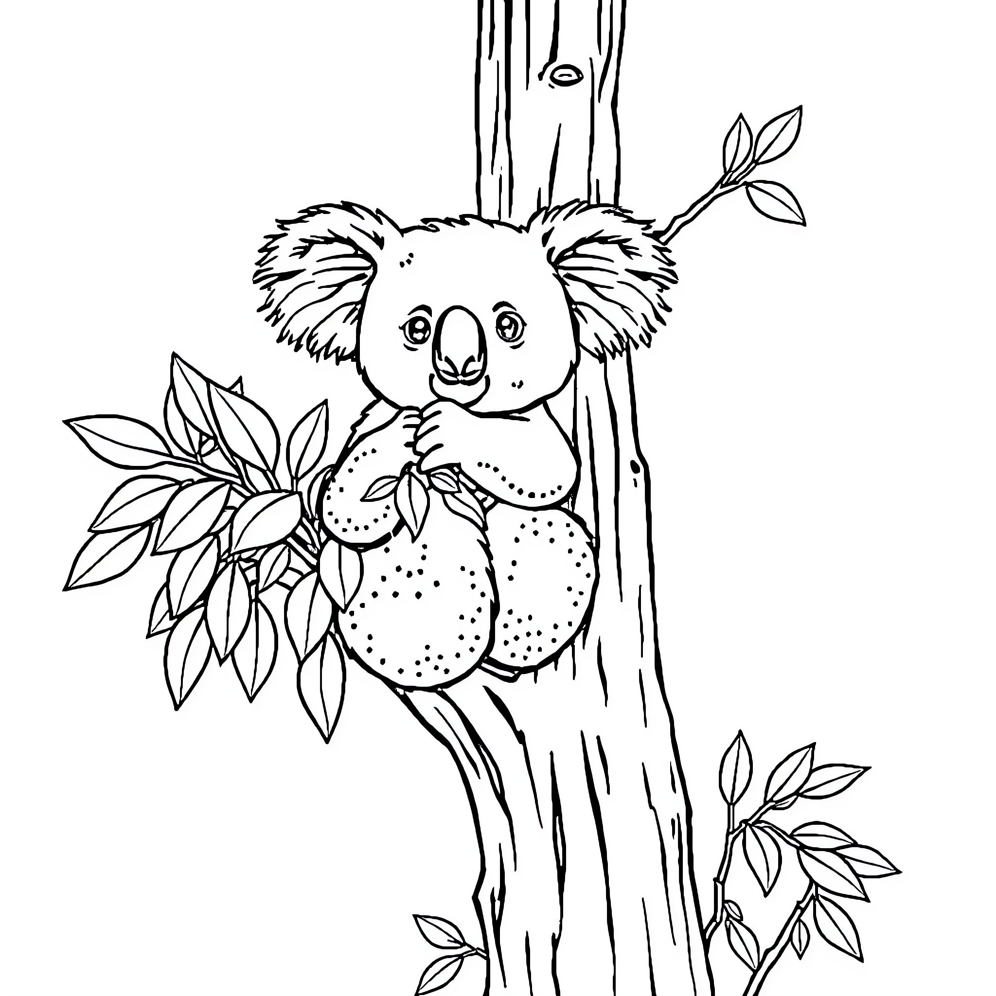 Koala climbing and resting on tree branch Coloring Page (free black-and-white line drawing printable PDF for all, from beginners to advanced learners, including children, teens, adults, and seniors)