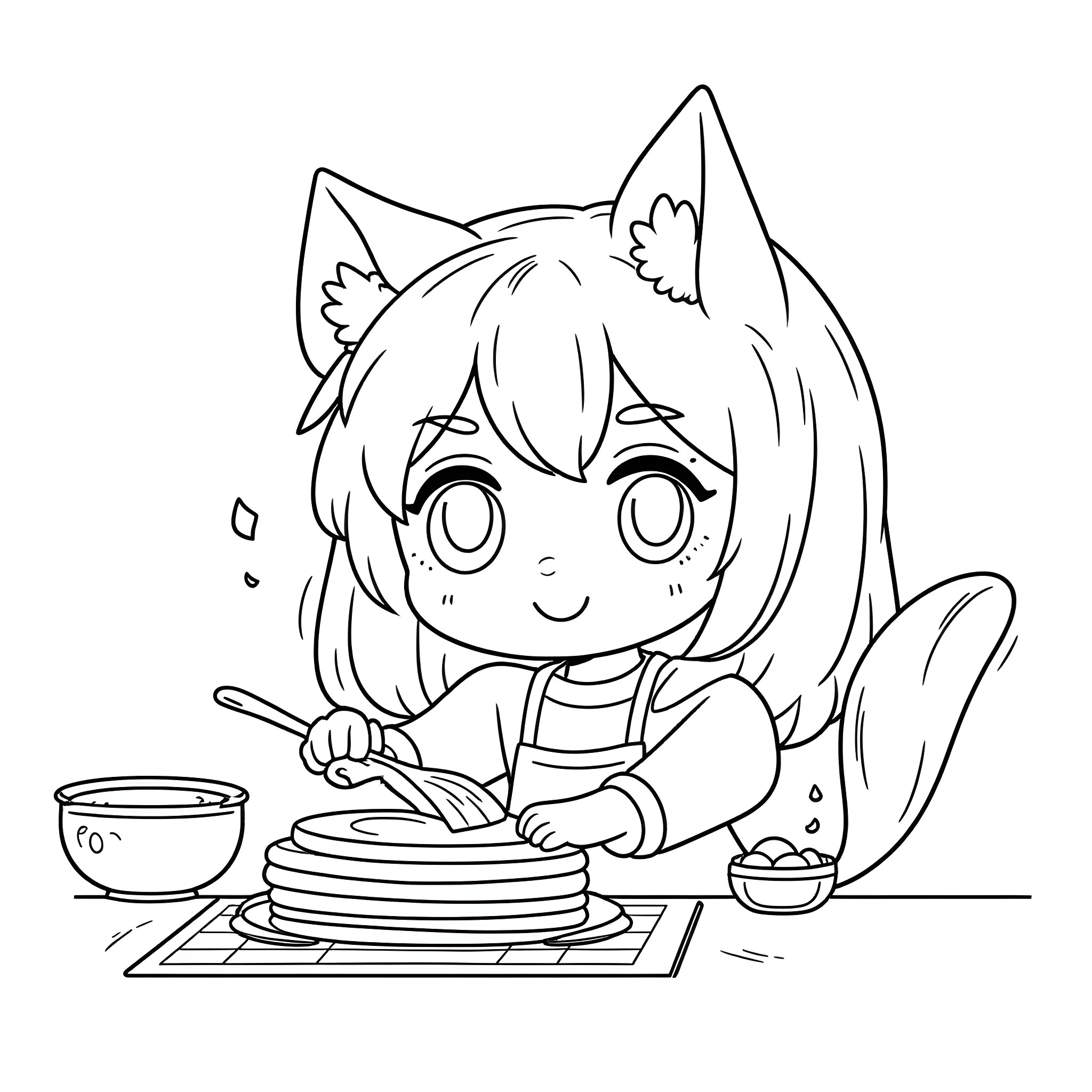 Kuromi making pancakes with a smile Coloring Page (free black-and-white line drawing printable PDF for all, from beginners to advanced learners, including children, teens, adults, and seniors)