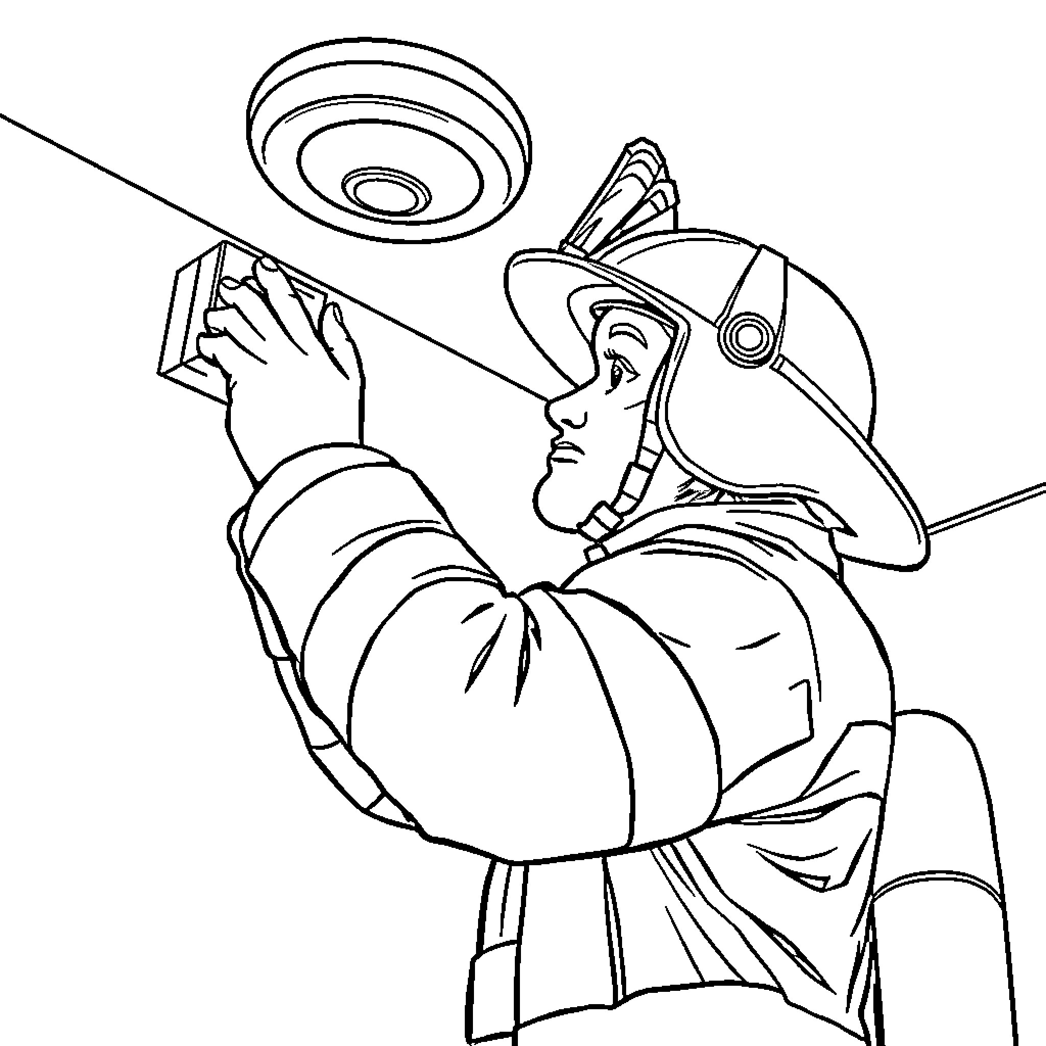 Firefighter inspecting smoke detector in building Coloring Page (free black-and-white line drawing printable PDF for all, from beginners to advanced learners, including children, teens, adults, and seniors)