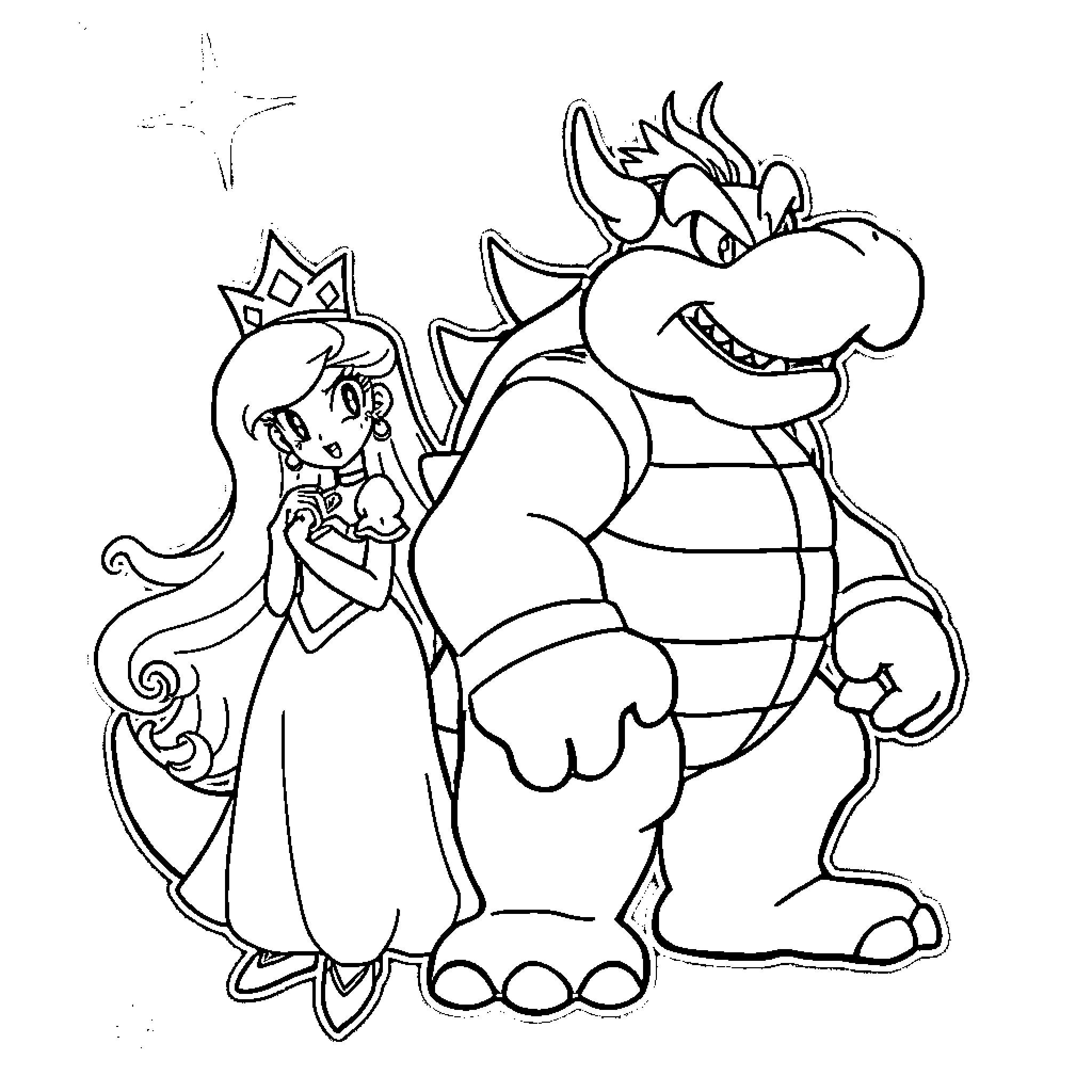 Bowser and Princess Peach in cartoon adventure Coloring Page (free black-and-white line drawing printable PDF for all, from beginners to advanced learners, including children, teens, adults, and seniors)