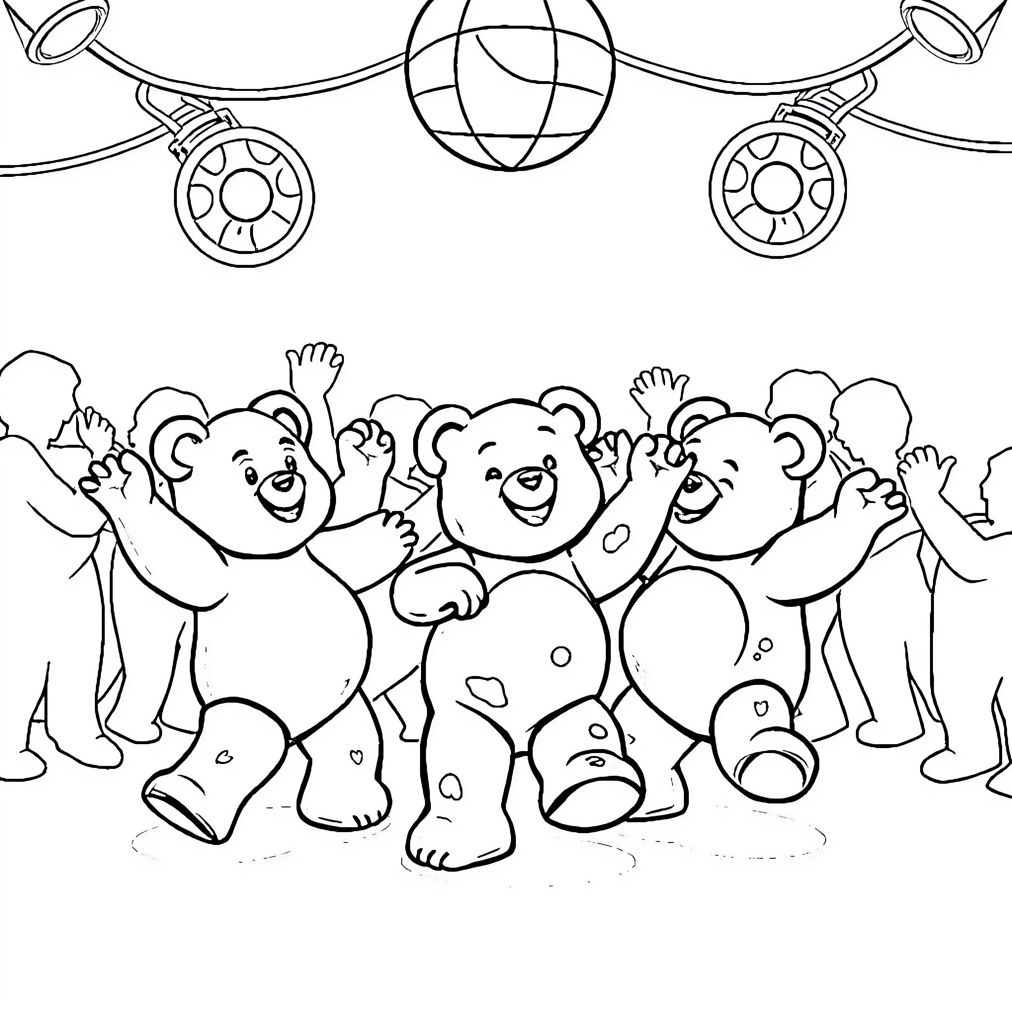 Gummy Bear toys celebrating with party decorations Coloring Page (free black-and-white line drawing printable PDF for all, from beginners to advanced learners, including children, teens, adults, and seniors)