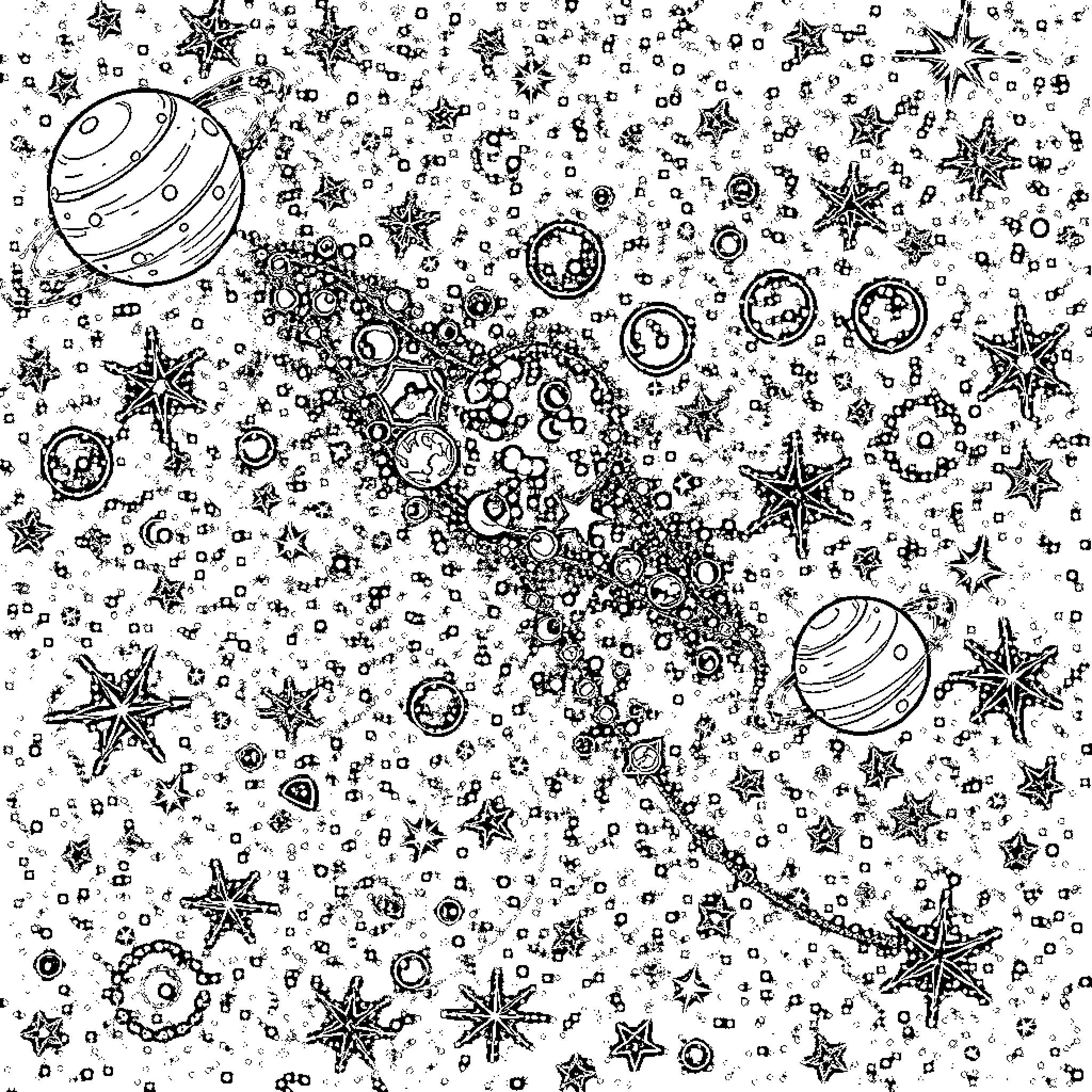 Space Doodle of Cosmic Wonders Coloring Page (free black-and-white line drawing printable PDF for all, from beginners to advanced learners, including children, teens, adults, and seniors)