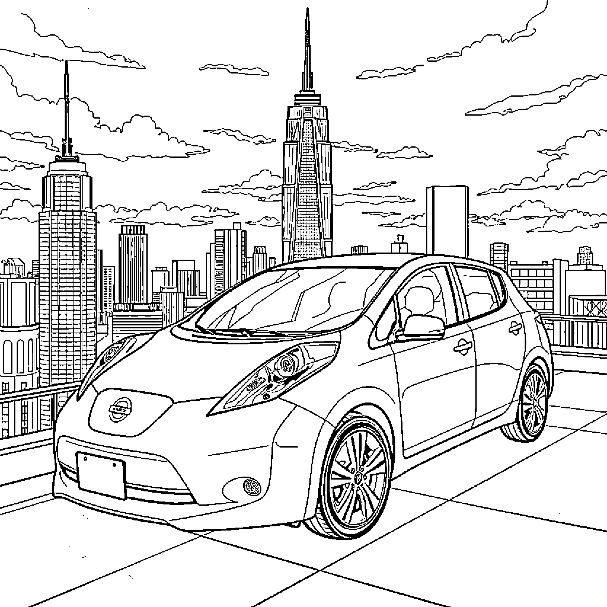 Nissan Leaf navigating the city skyline Coloring Page (free black-and-white line drawing printable PDF for all, from beginners to advanced learners, including children, teens, adults, and seniors)