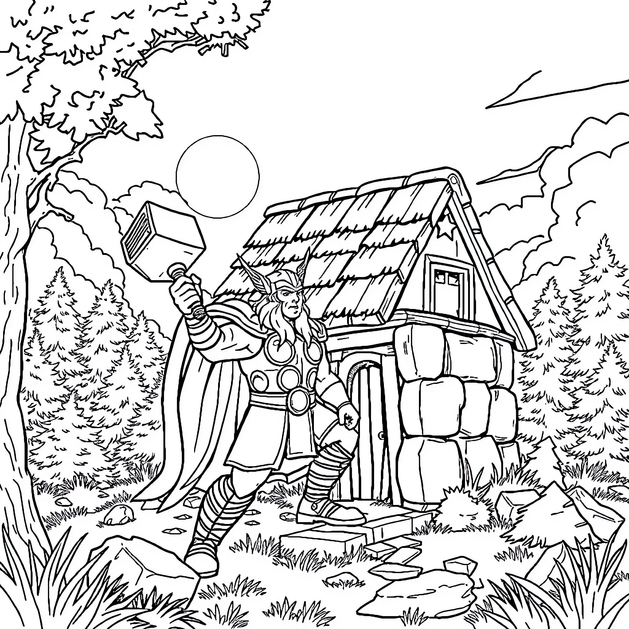 Thor wielding his mighty hammer in the forest Coloring Page (free black-and-white line drawing printable PDF for all, from beginners to advanced learners, including children, teens, adults, and seniors)