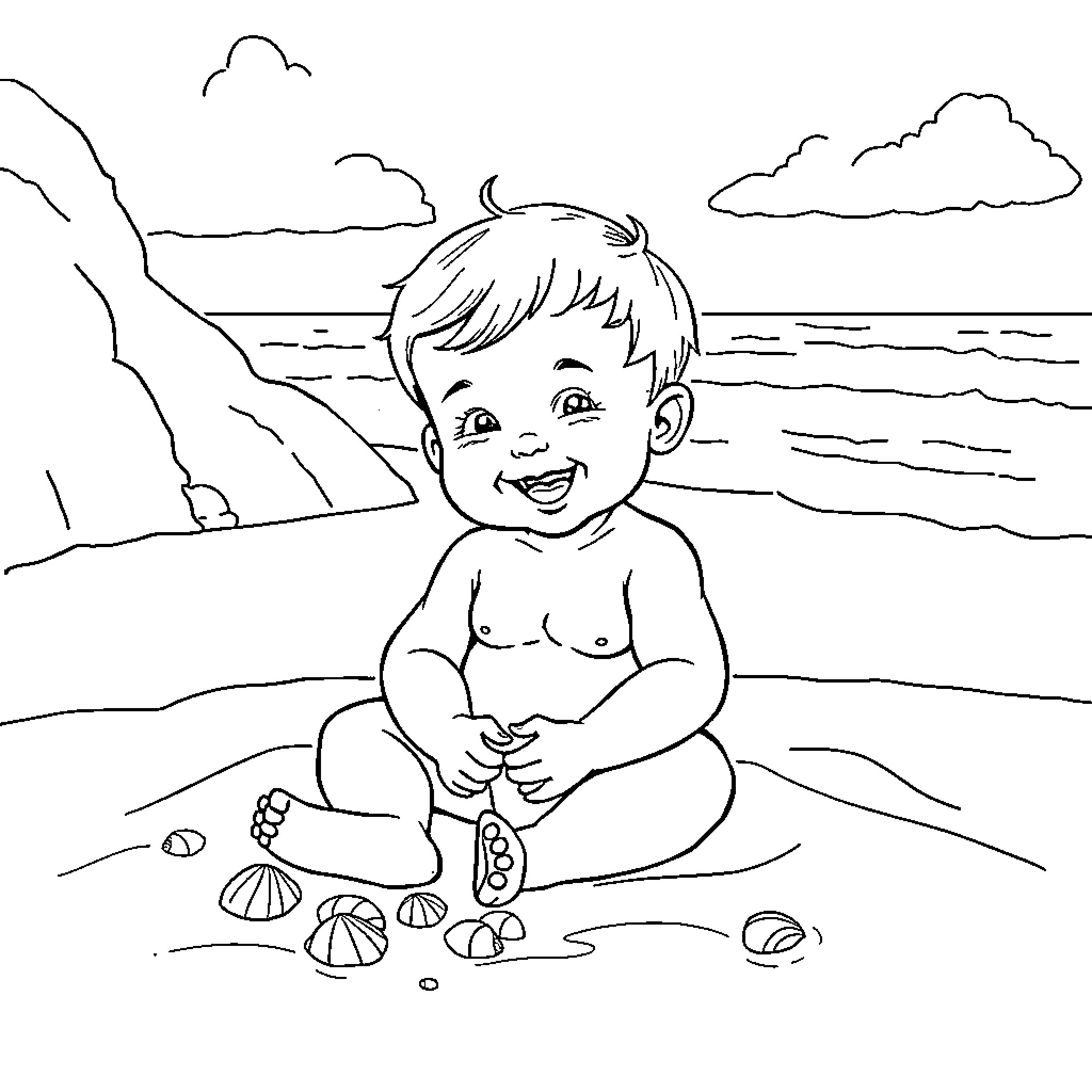 Baby playing joyfully on the beach Coloring Page (free black-and-white line drawing printable PDF for all, from beginners to advanced learners, including children, teens, adults, and seniors)