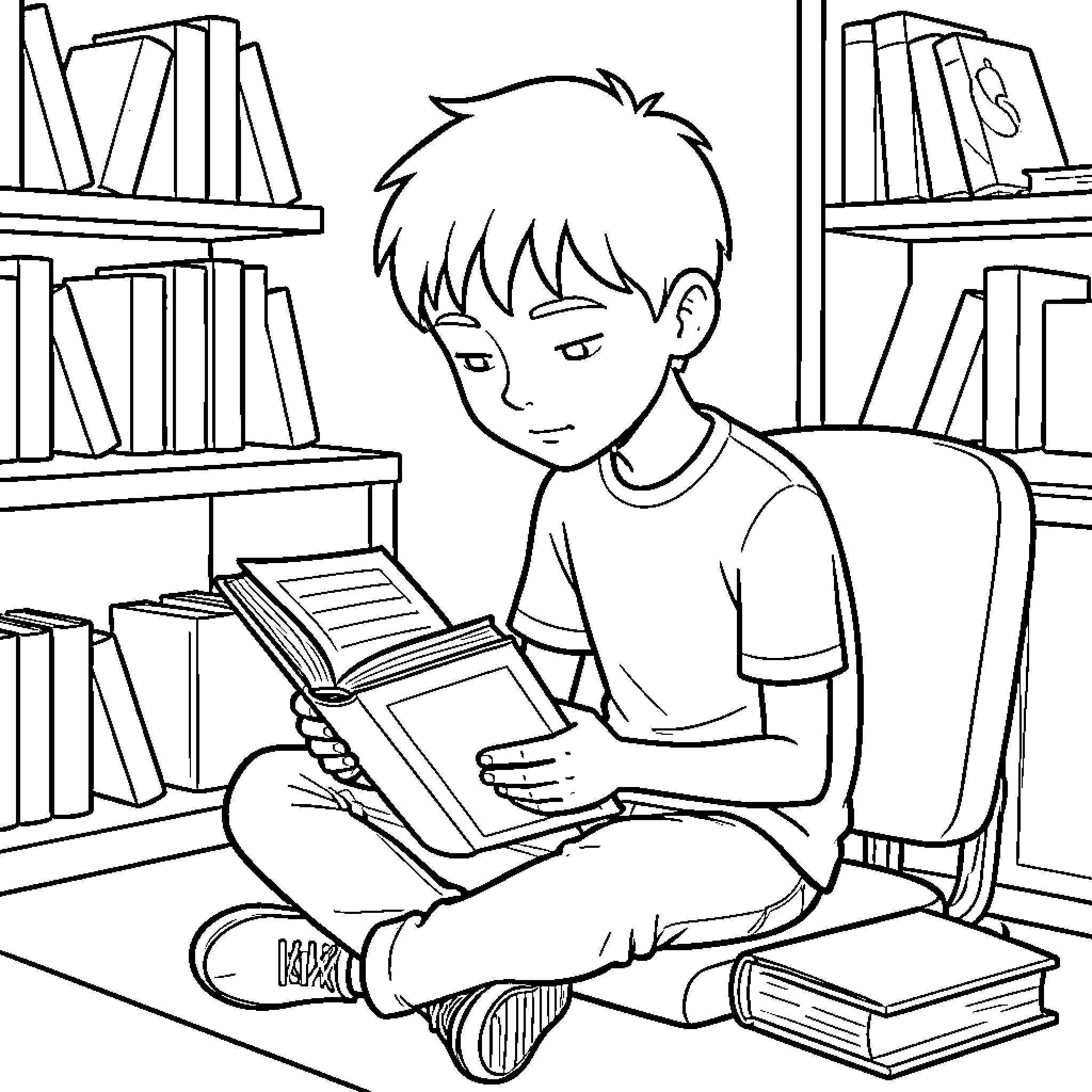 Niño sitting and reading a book intently Coloring Page (free black-and-white line drawing printable PDF for all, from beginners to advanced learners, including children, teens, adults, and seniors)