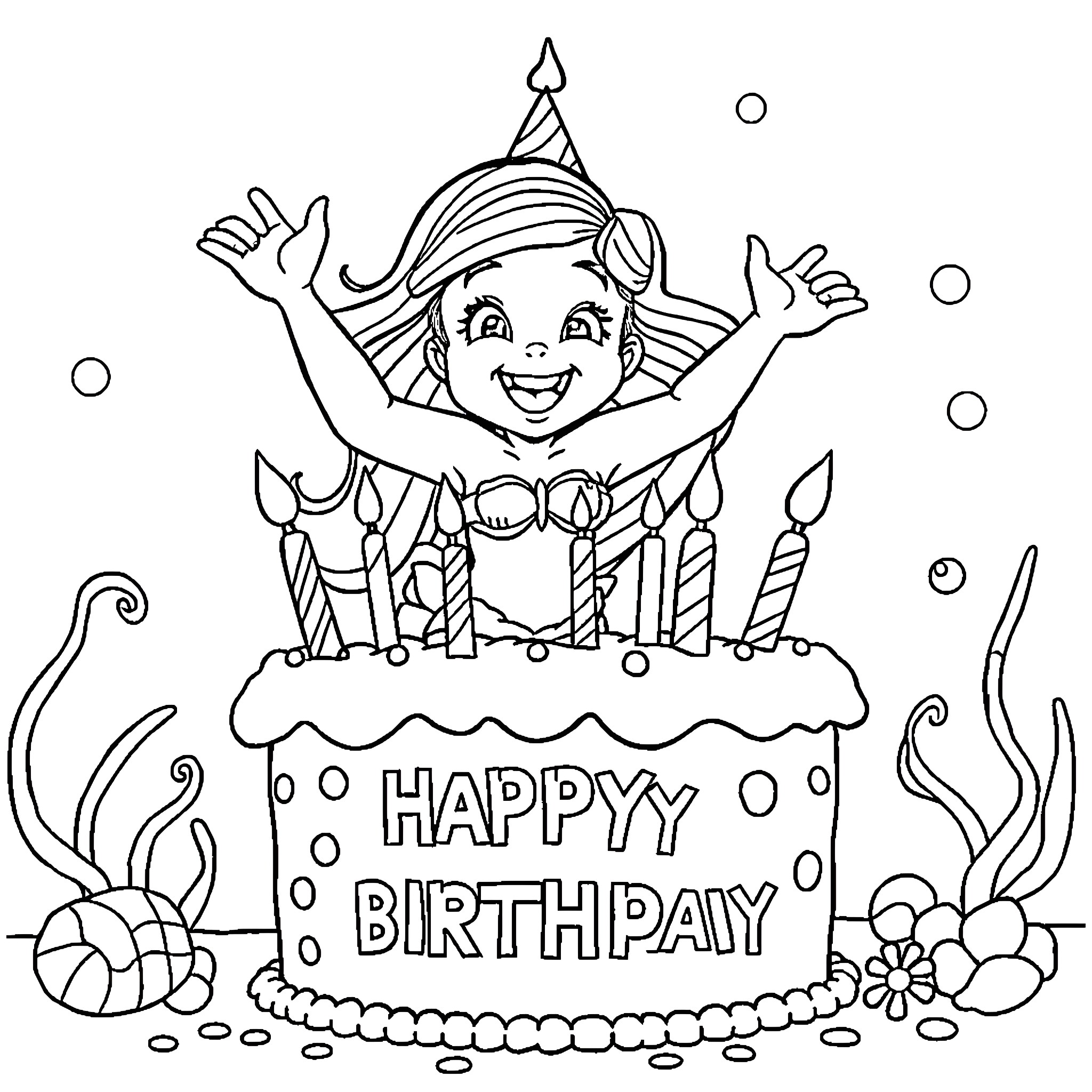 Ariel's Joyful Birthday Celebration Coloring Page (free black-and-white line drawing printable PDF for all, from beginners to advanced learners, including children, teens, adults, and seniors)