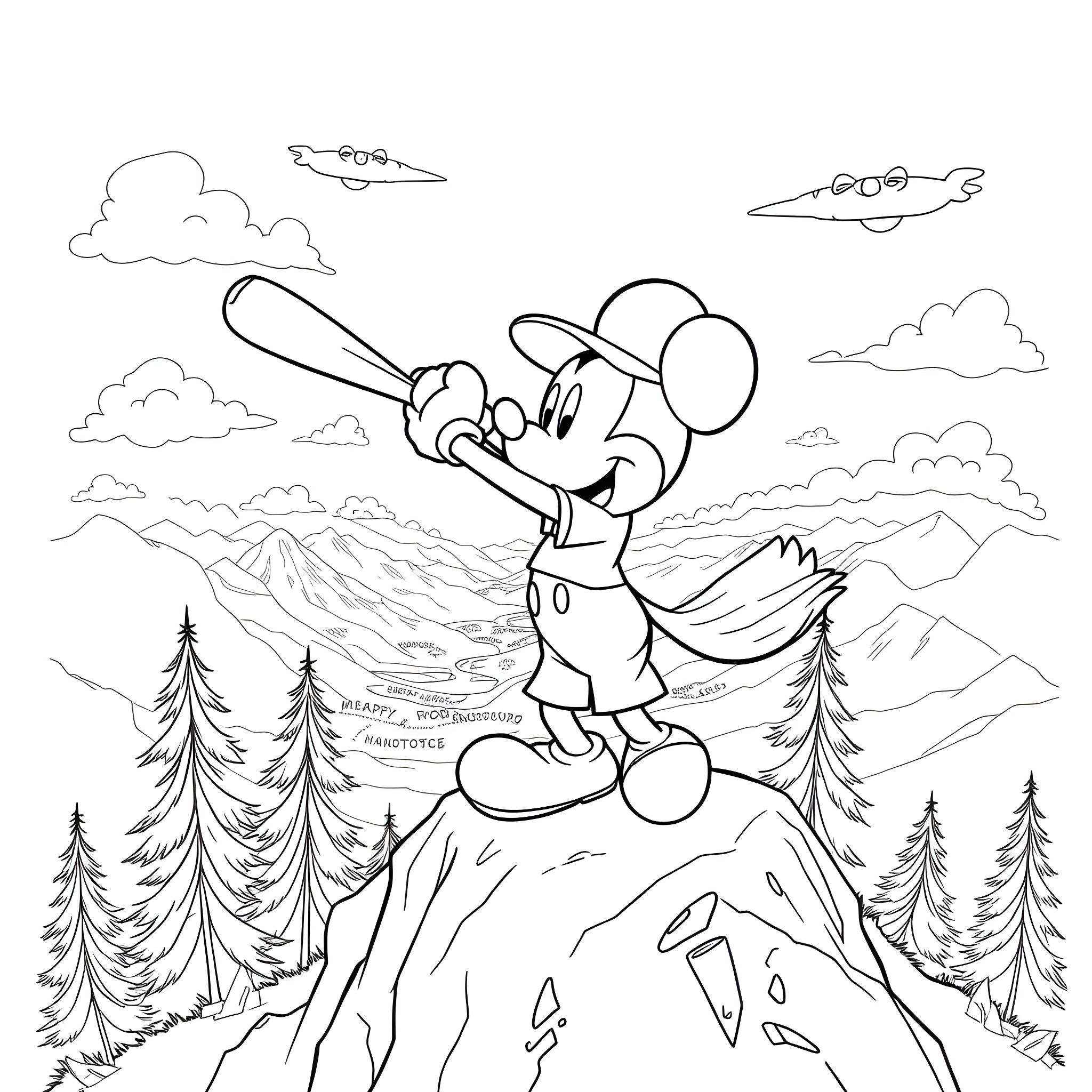 Mickey Mouse hiking in the mountains Coloring Page (free black-and-white line drawing printable PDF for all, from beginners to advanced learners, including children, teens, adults, and seniors)