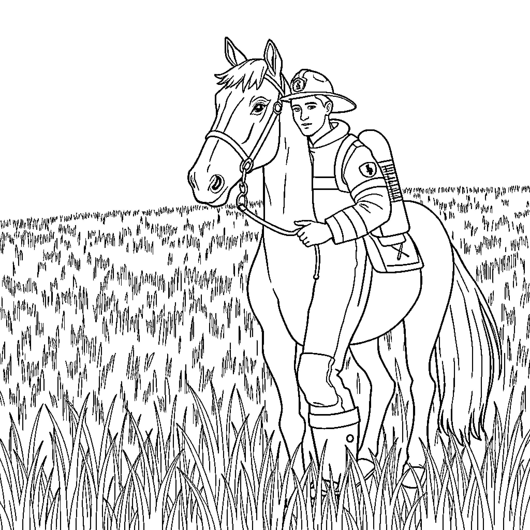 Firefighter rescues horse in rural setting Coloring Page (free black-and-white line drawing printable PDF for all, from beginners to advanced learners, including children, teens, adults, and seniors)
