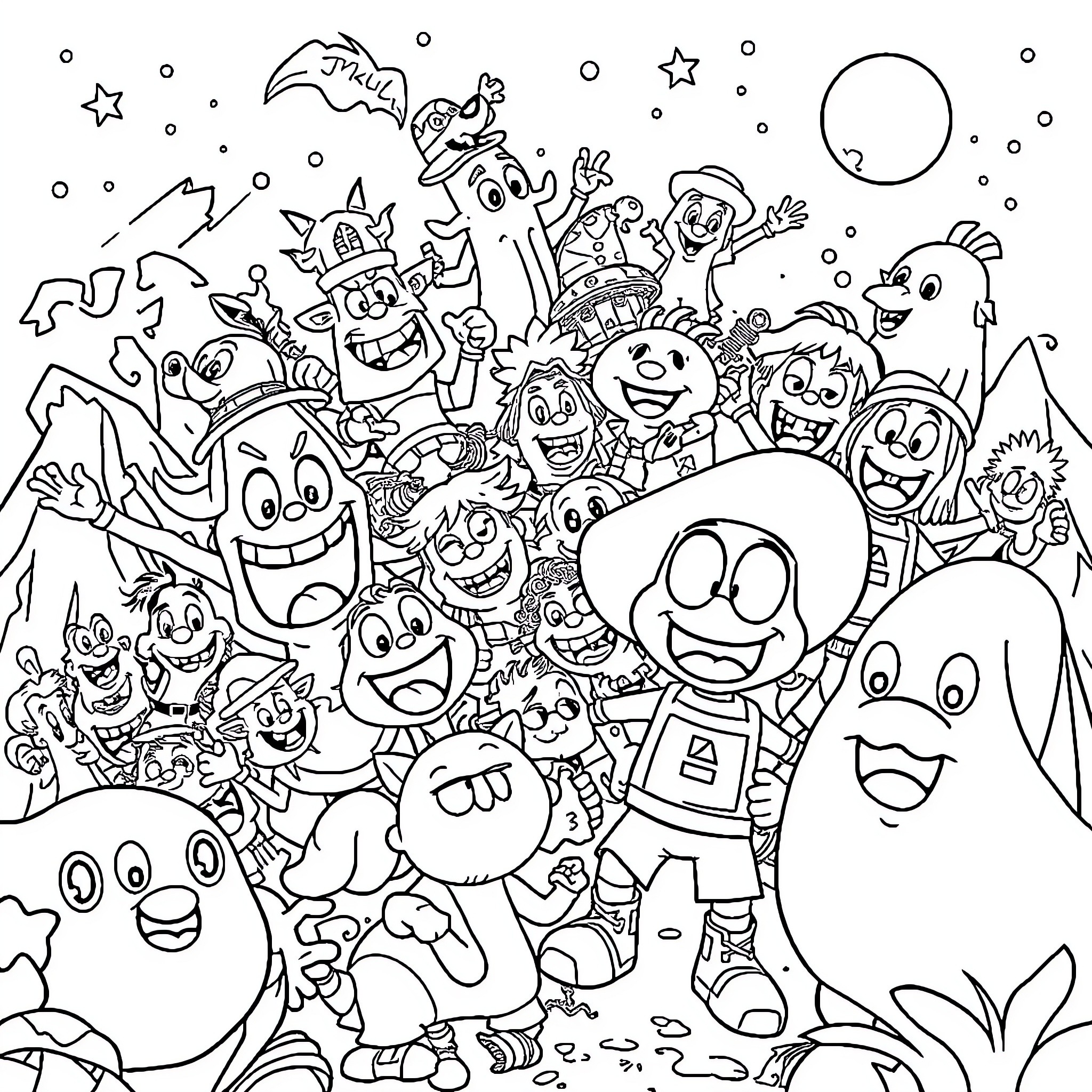 Cartoon characters in a playful, whimsical scene Coloring Page (free black-and-white line drawing printable PDF for all, from beginners to advanced learners, including children, teens, adults, and seniors)