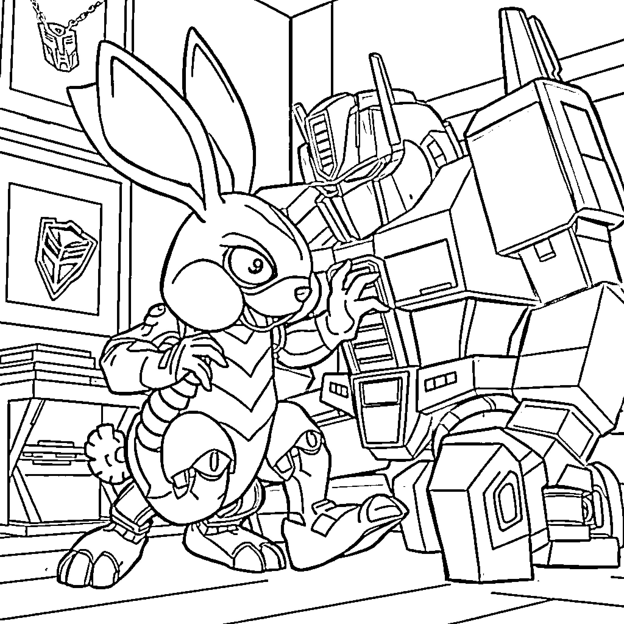 Springtrap's mischievous adventure with Transformers Coloring Page (free black-and-white line drawing printable PDF for all, from beginners to advanced learners, including children, teens, adults, and seniors)