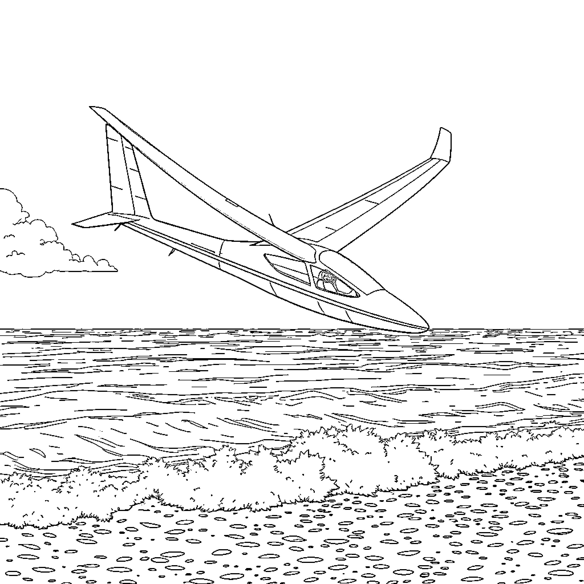Glider soaring gracefully above the ocean waves Coloring Page (free black-and-white line drawing printable PDF for all, from beginners to advanced learners, including children, teens, adults, and seniors)
