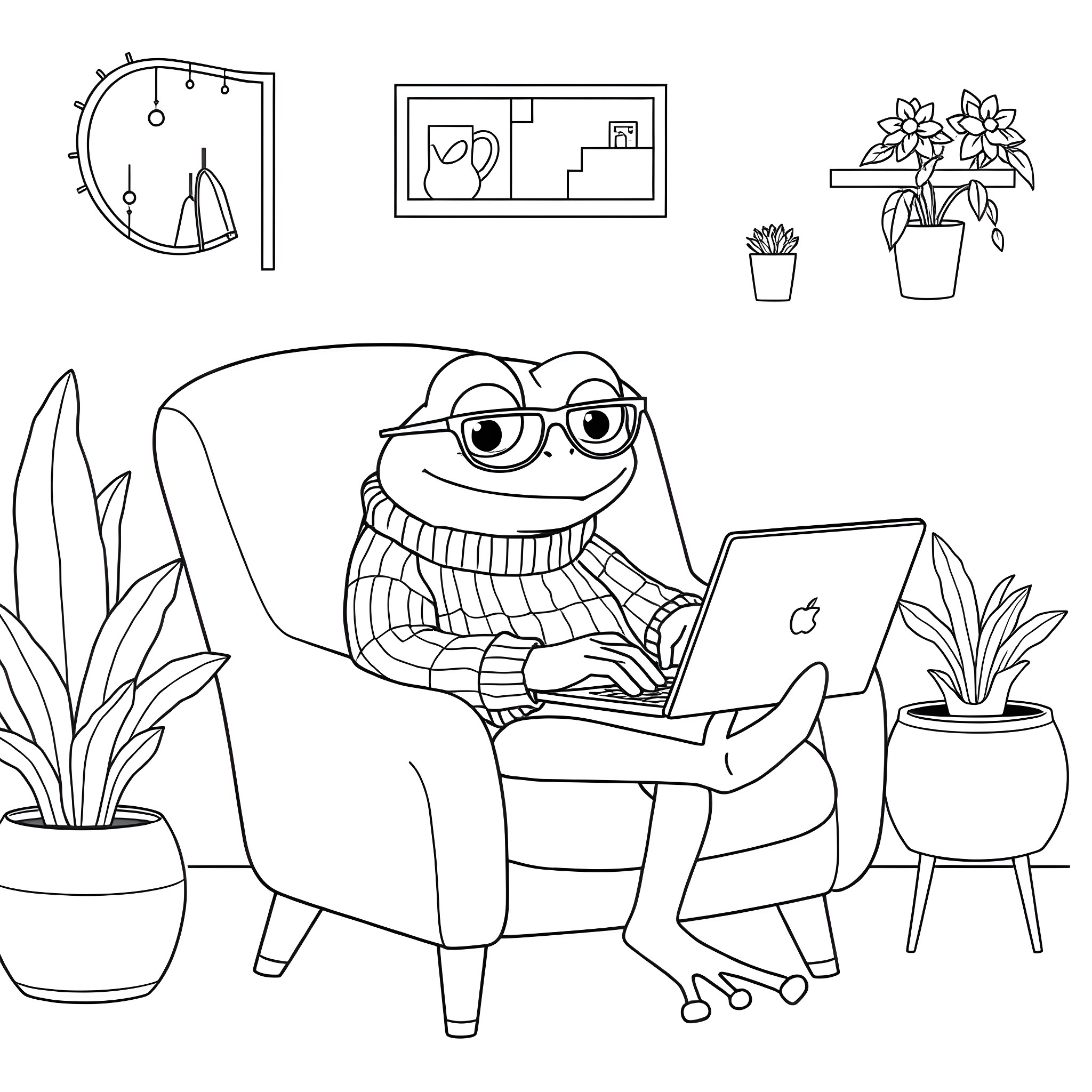 Frog relaxing and working on laptop Coloring Page (free black-and-white line drawing printable PDF for all, from beginners to advanced learners, including children, teens, adults, and seniors)
