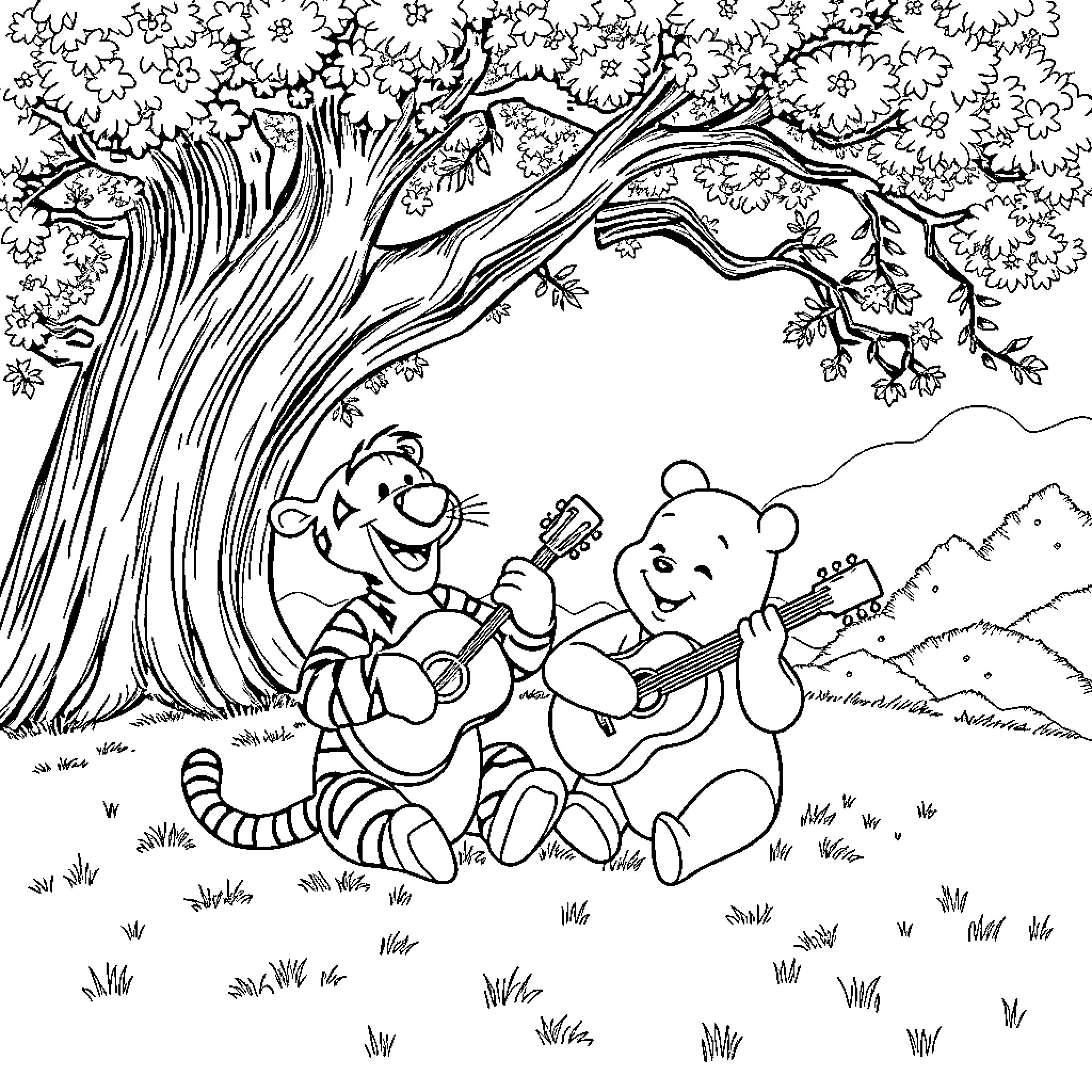 Tigger and Winnie the Pooh playing music under a tree Coloring Page (free black-and-white line drawing printable PDF for all, from beginners to advanced learners, including children, teens, adults, and seniors)