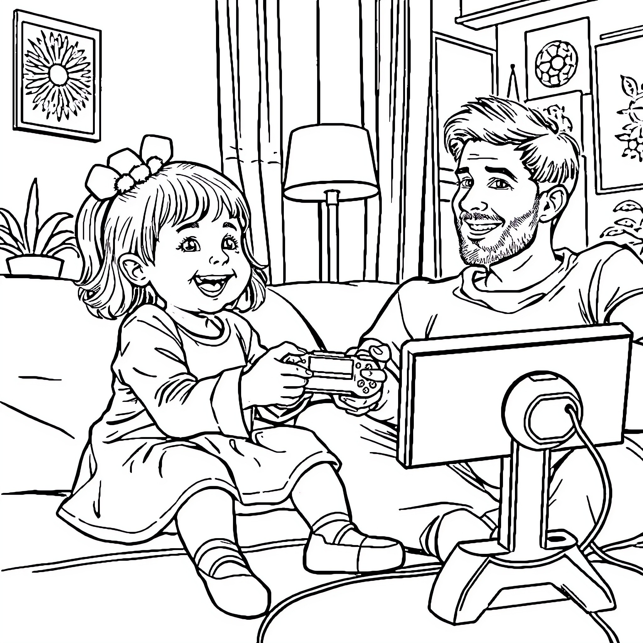 Girl Playing Video Game with Father Coloring Page (free black-and-white line drawing printable PDF for all, from beginners to advanced learners, including children, teens, adults, and seniors)