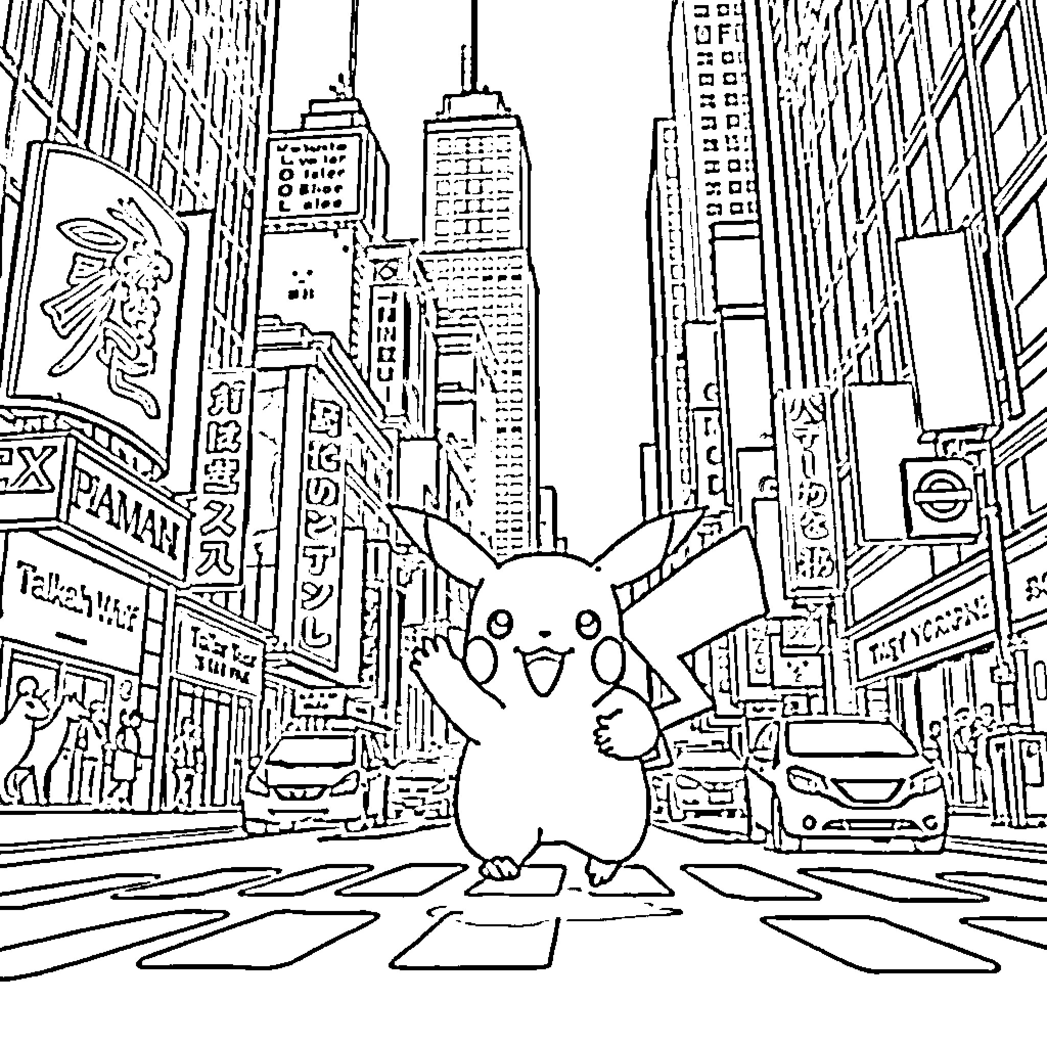 Pikachu exploring the busy city streets Coloring Page (free black-and-white line drawing printable PDF for all, from beginners to advanced learners, including children, teens, adults, and seniors)
