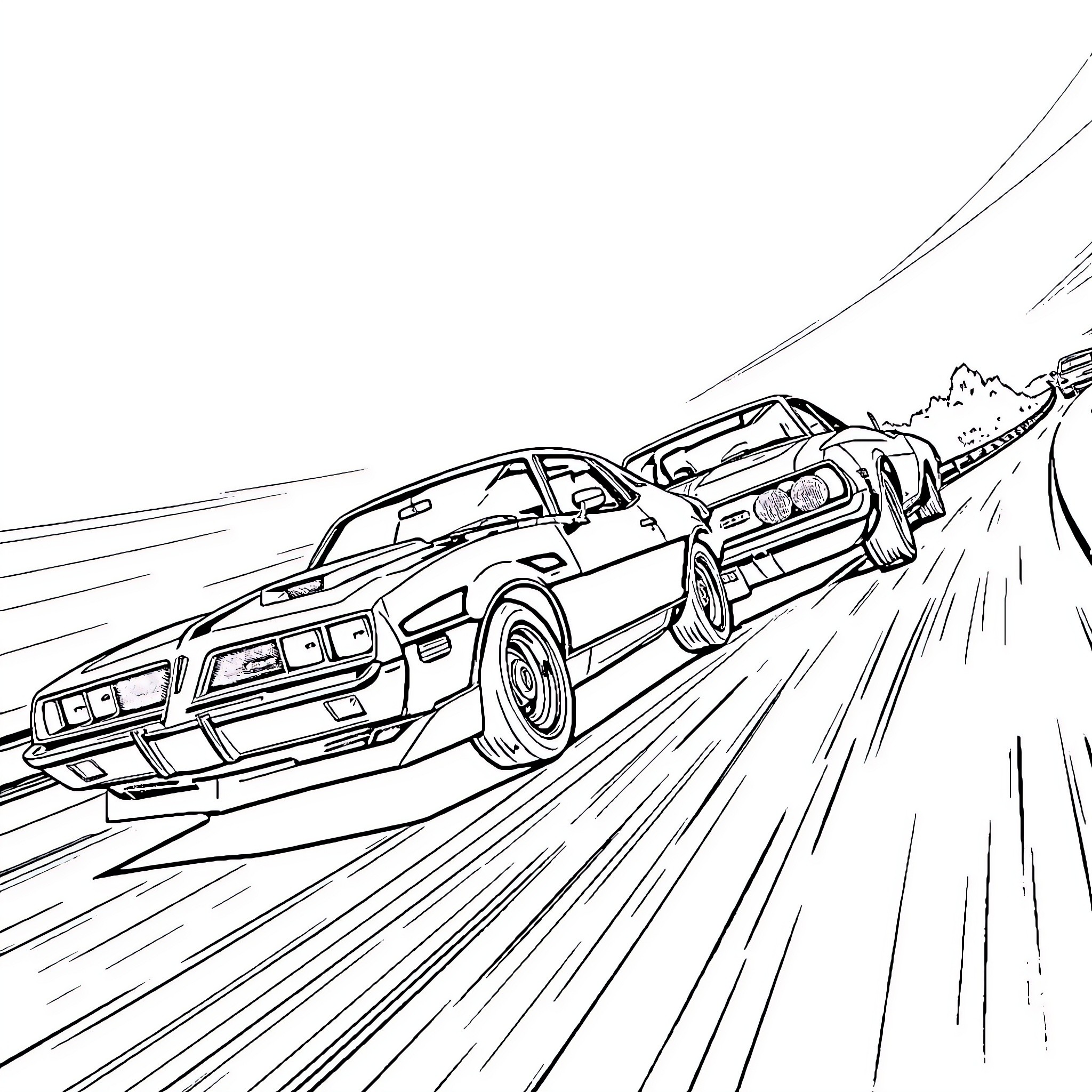 Car chase on winding mountain road Coloring Page (free black-and-white line drawing printable PDF for all, from beginners to advanced learners, including children, teens, adults, and seniors)