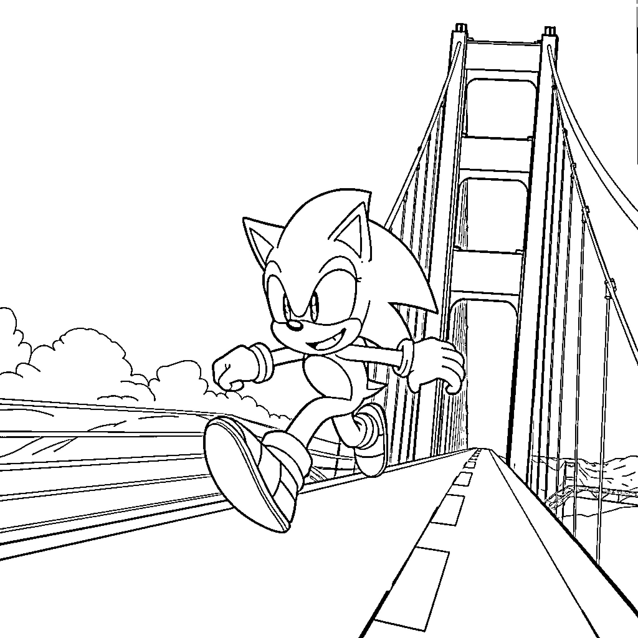 Sonic running across a suspension bridge Coloring Page (free black-and-white line drawing printable PDF for all, from beginners to advanced learners, including children, teens, adults, and seniors)
