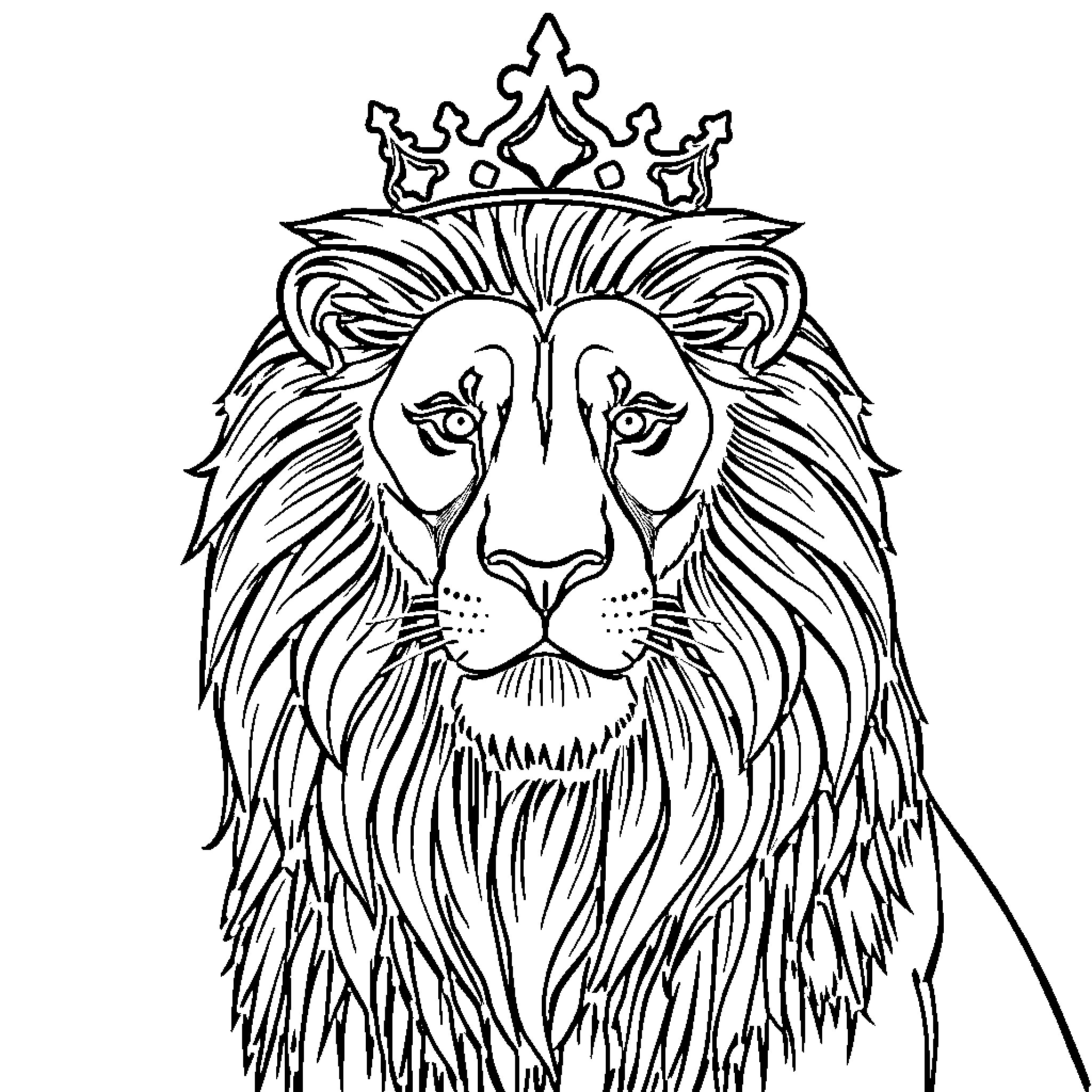 Lion with Majestic Crown Coloring Page (free black-and-white line drawing printable PDF for all, from beginners to advanced learners, including children, teens, adults, and seniors)