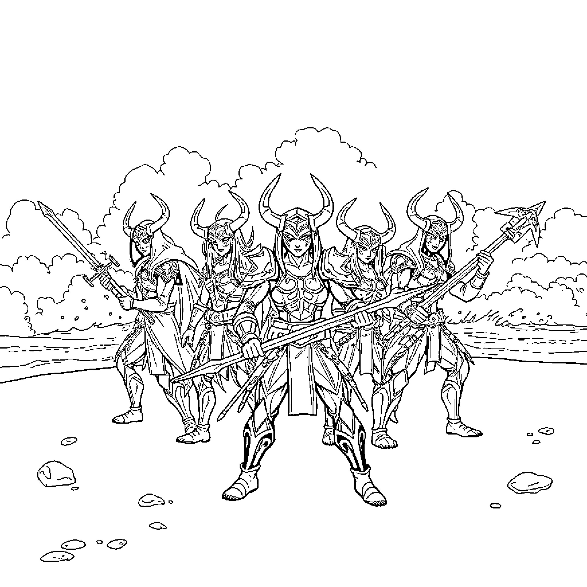 Demon Hunters Wielding Weapons in Battle Coloring Page (free black-and-white line drawing printable PDF for all, from beginners to advanced learners, including children, teens, adults, and seniors)