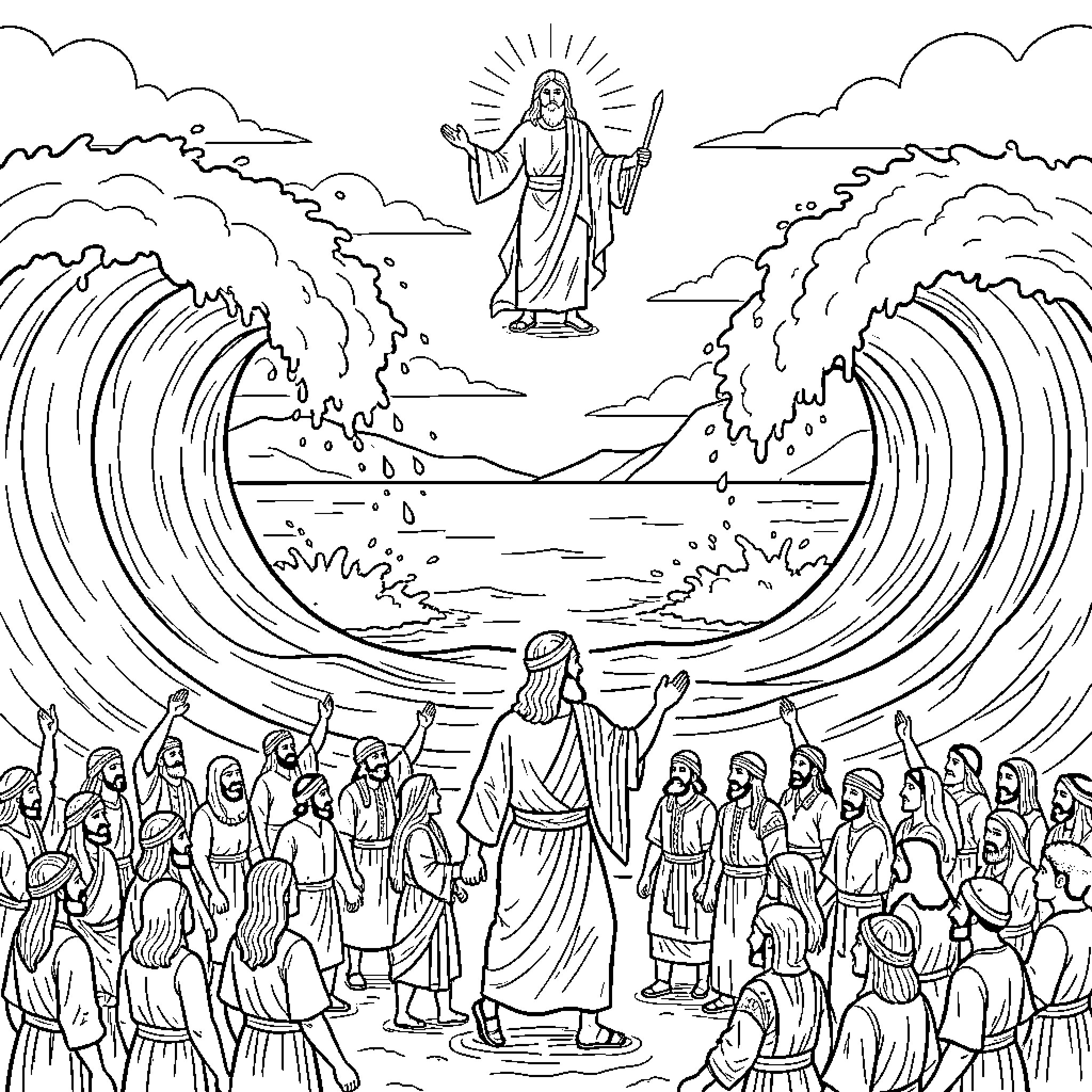 Moses parting the sea before a large crowd Coloring Page (free black-and-white line drawing printable PDF for all, from beginners to advanced learners, including children, teens, adults, and seniors)