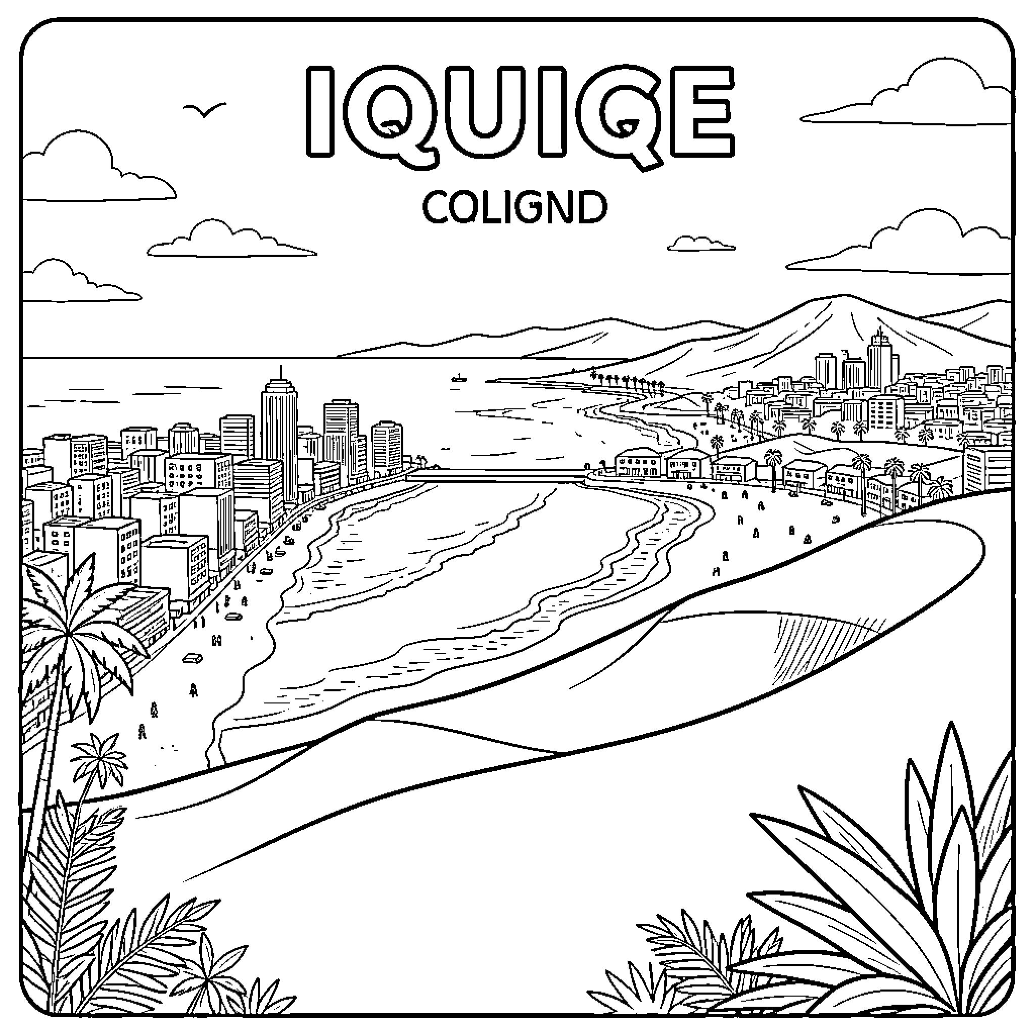 Iquique coastal city scenery with buildings and beach Coloring Page (free black-and-white line drawing printable PDF for all, from beginners to advanced learners, including children, teens, adults, and seniors)
