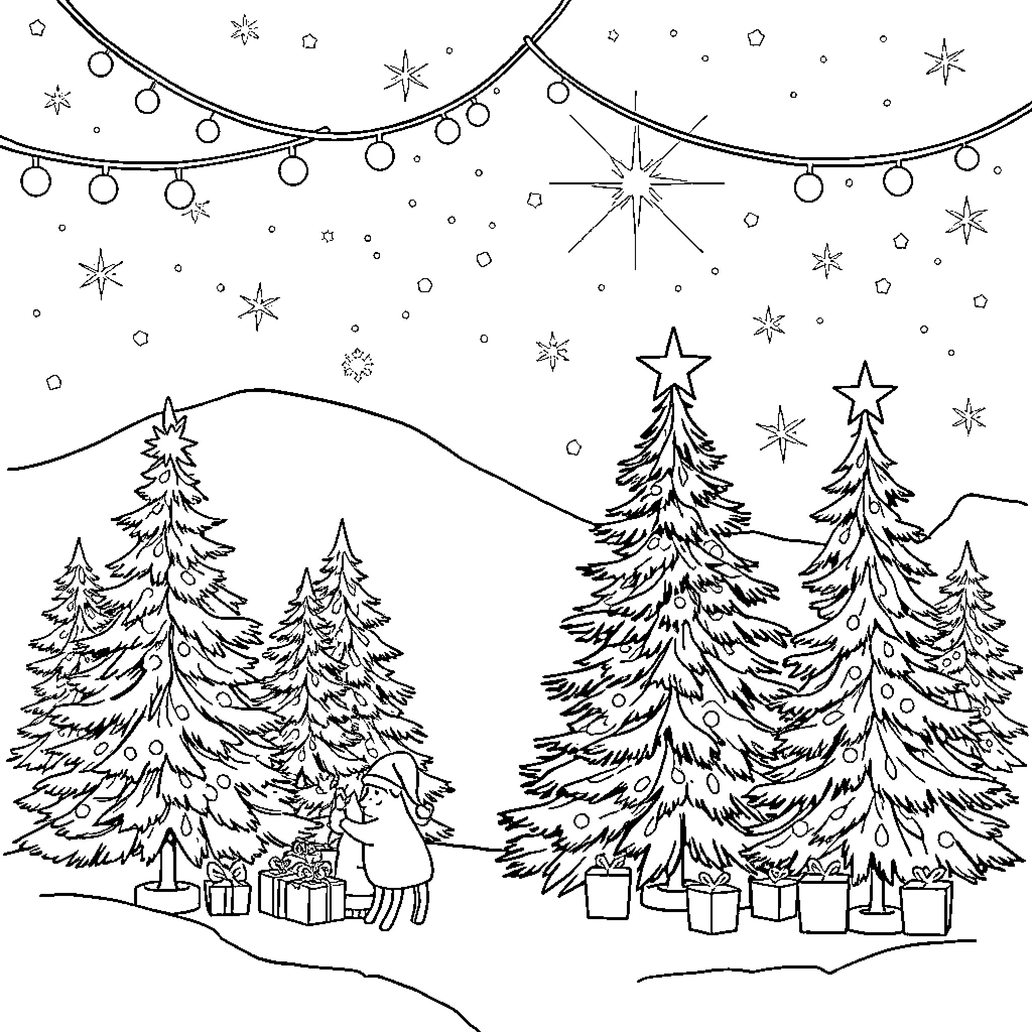 Christmas night in the snowy forest Coloring Page (free black-and-white line drawing printable PDF for all, from beginners to advanced learners, including children, teens, adults, and seniors)