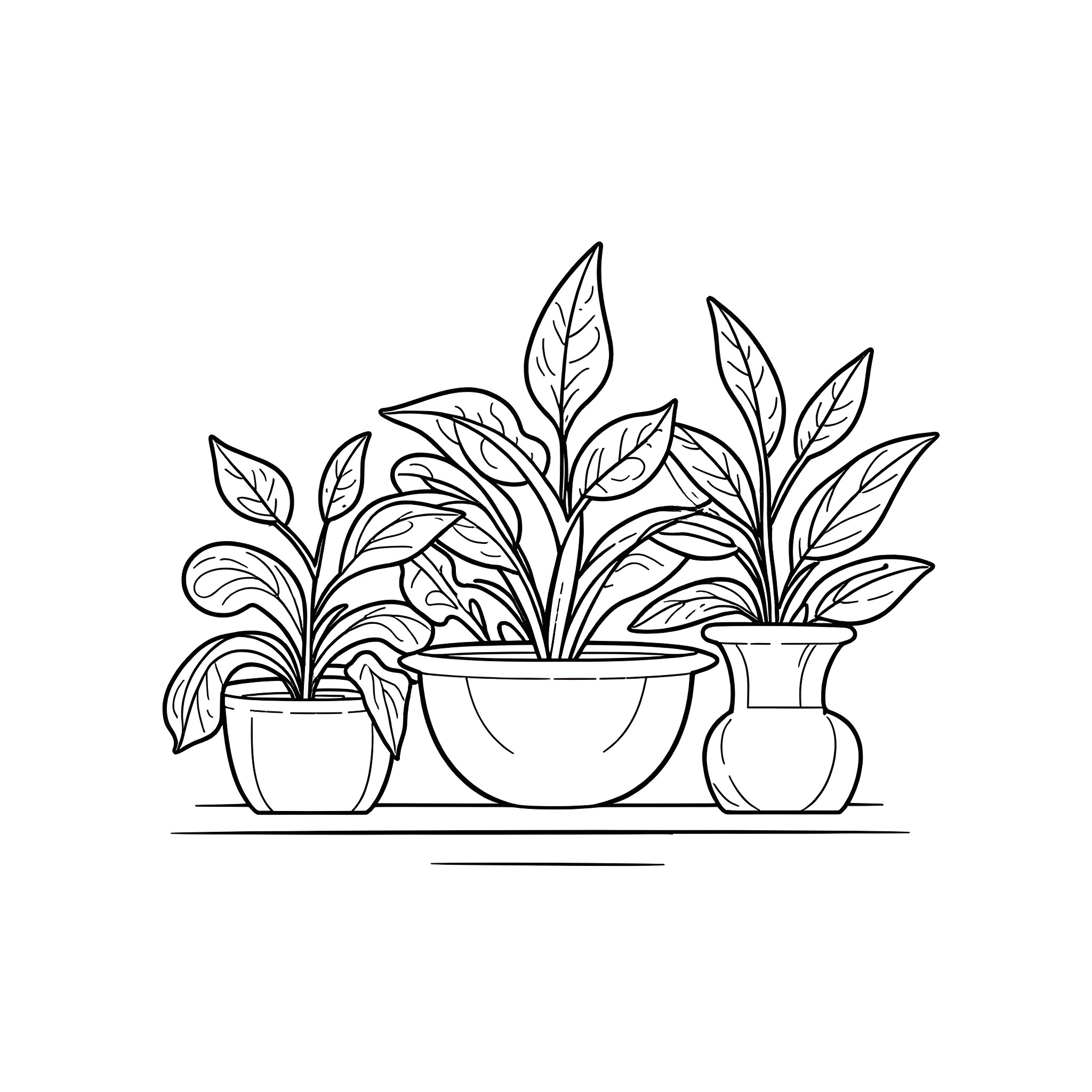 Houseplant display with various potted greenery Coloring Page (free black-and-white line drawing printable PDF for all, from beginners to advanced learners, including children, teens, adults, and seniors)