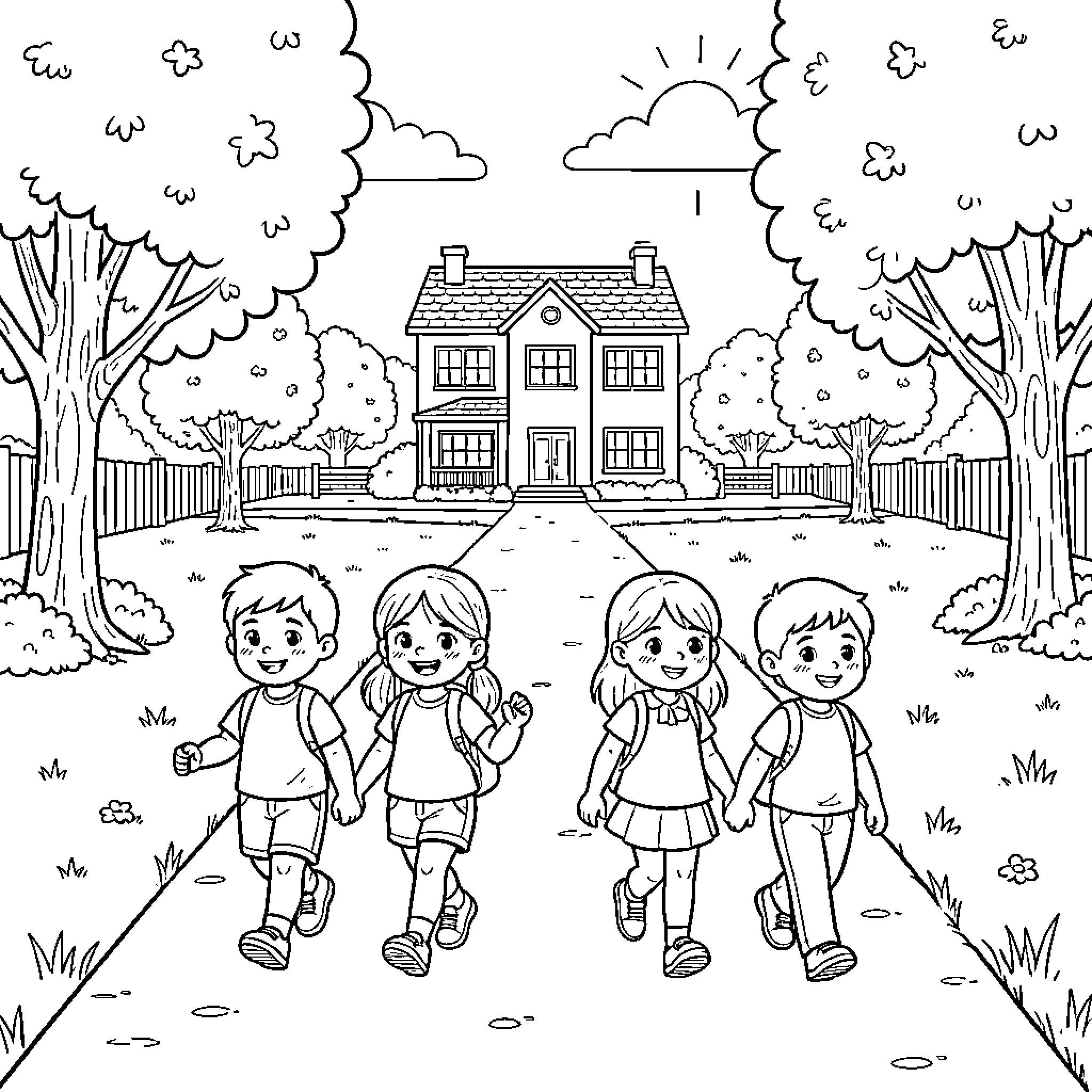 Child friends walking together on a sunny path Coloring Page (free black-and-white line drawing printable PDF for all, from beginners to advanced learners, including children, teens, adults, and seniors)