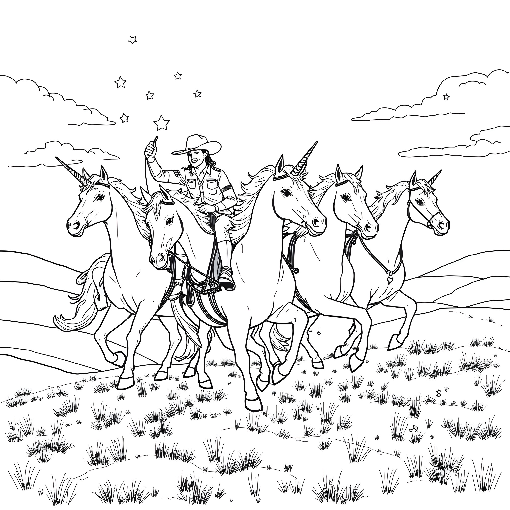 Unicorn riders galloping through the starry night Coloring Page (free black-and-white line drawing printable PDF for all, from beginners to advanced learners, including children, teens, adults, and seniors)