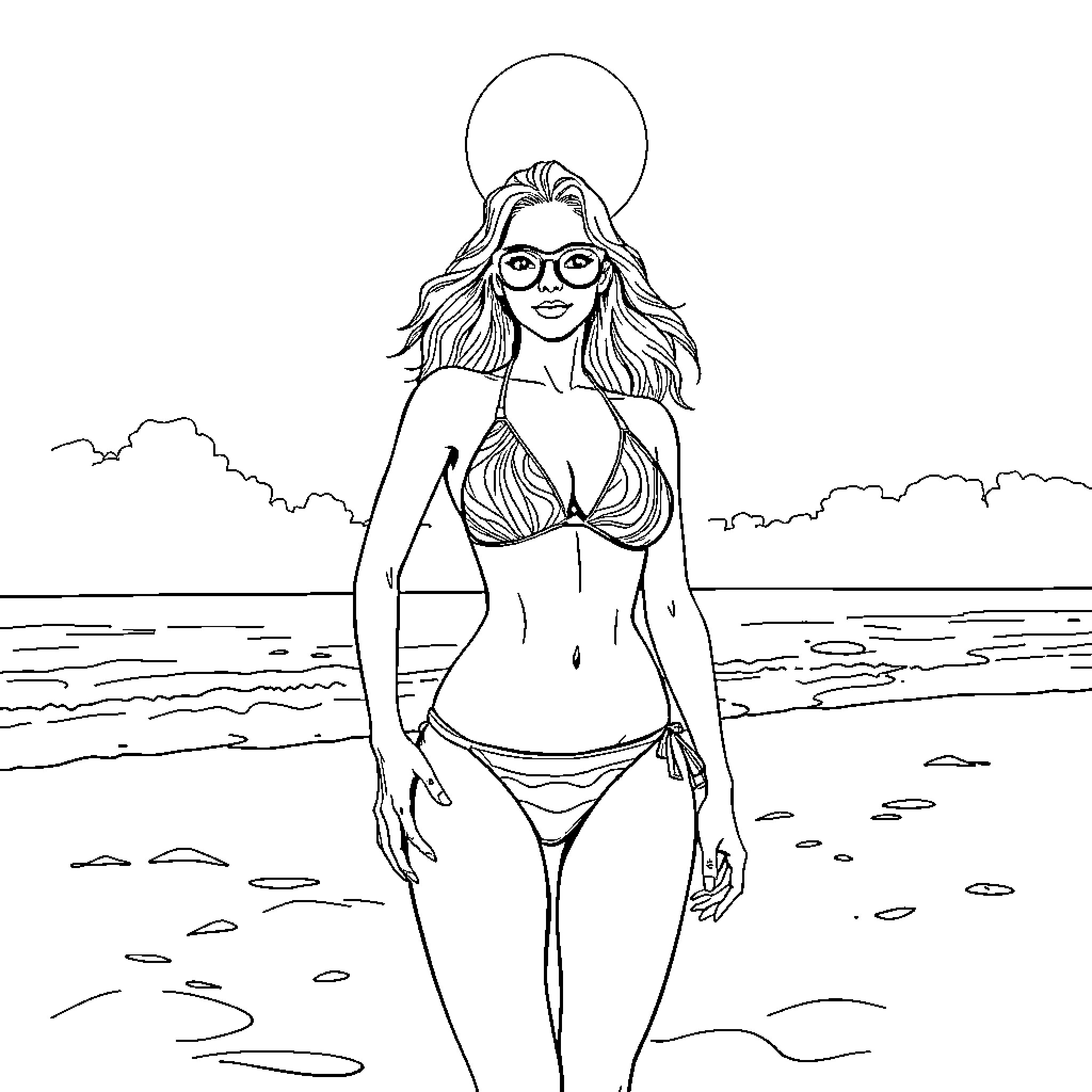 Woman in bikini enjoying beach scenery Coloring Page (free black-and-white line drawing printable PDF for all, from beginners to advanced learners, including children, teens, adults, and seniors)