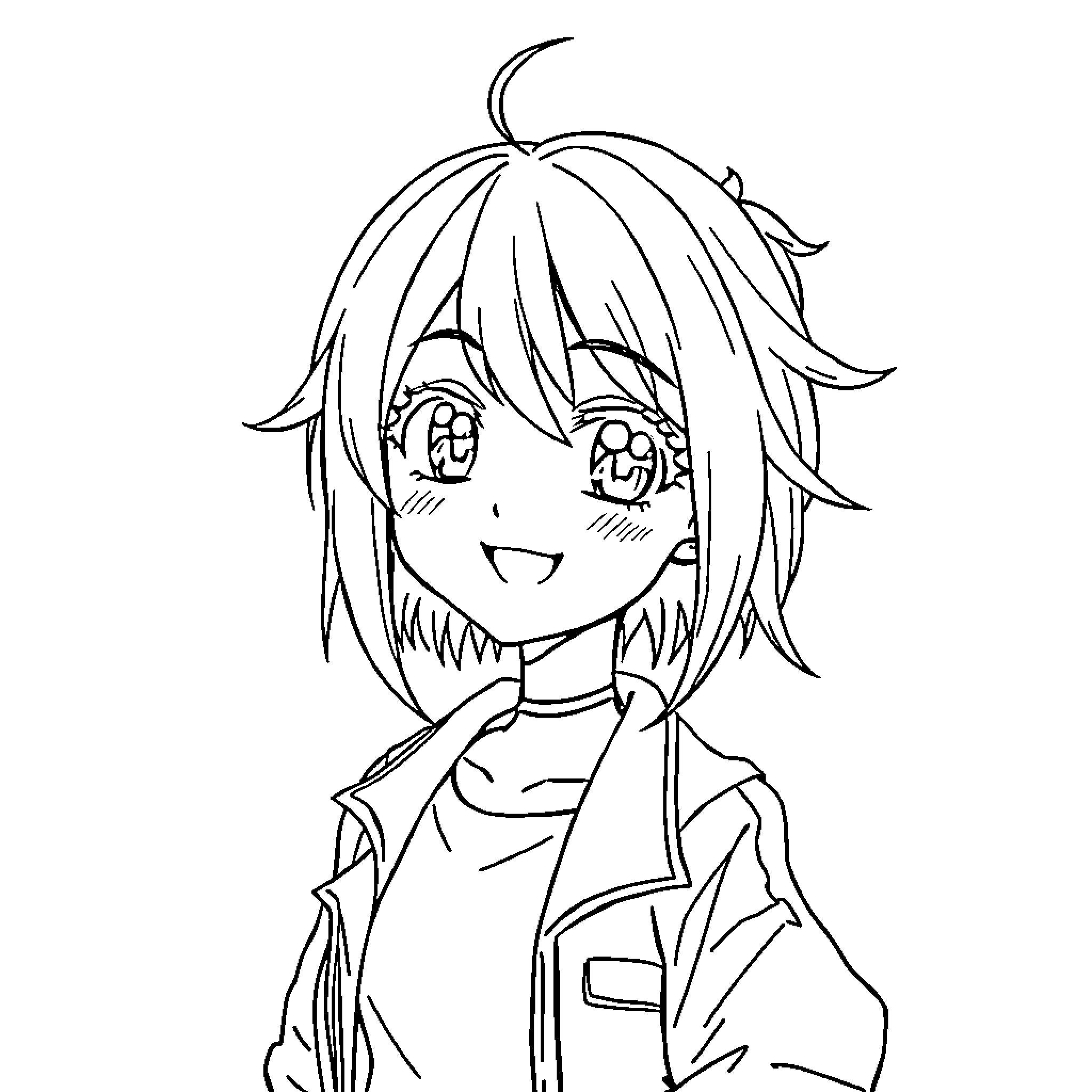 Anime Girl with Happy Smiling Expression Coloring Page (free black-and-white line drawing printable PDF for all, from beginners to advanced learners, including children, teens, adults, and seniors)