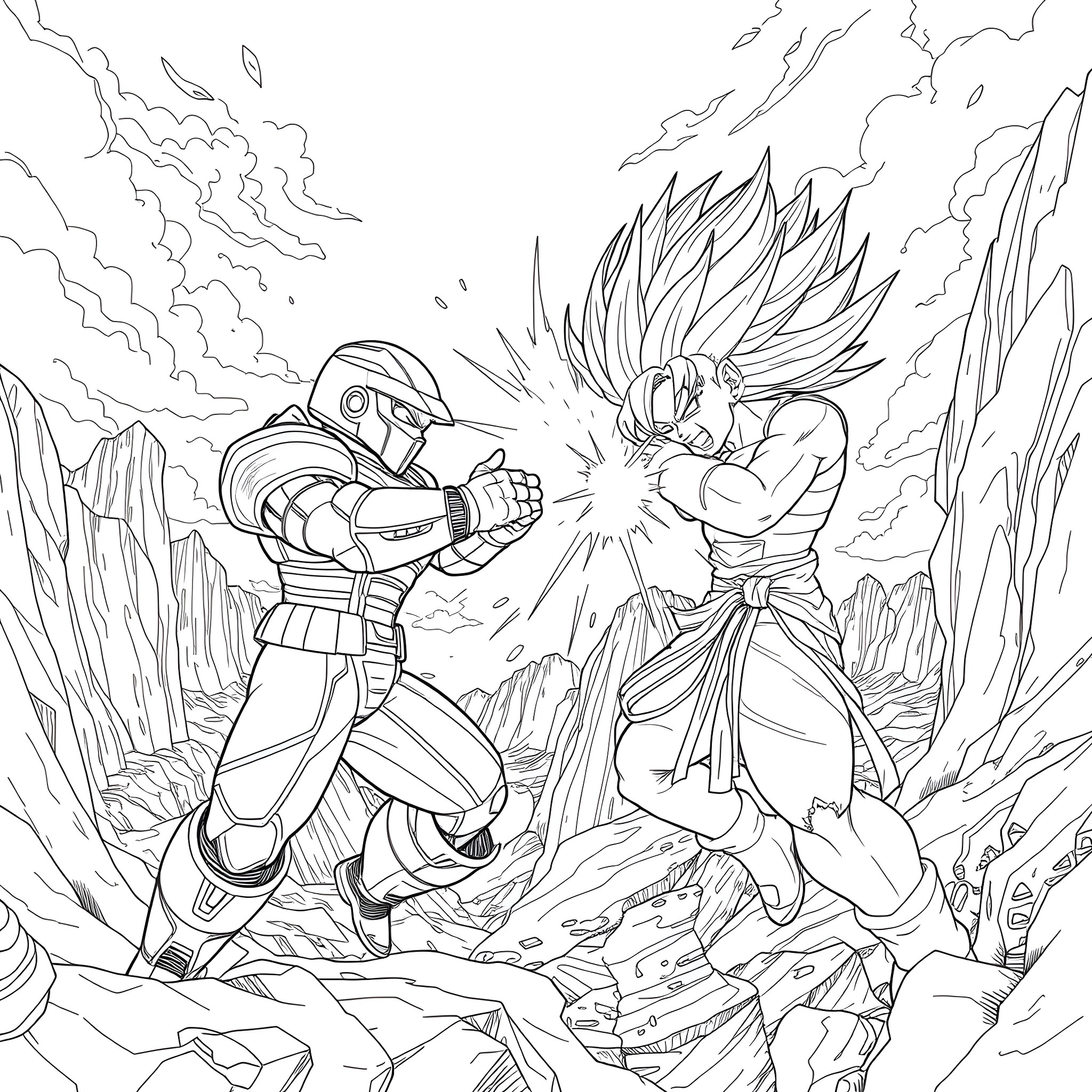 Master Chief in Epic Battle with Powerful Warrior Coloring Page (free black-and-white line drawing printable PDF for all, from beginners to advanced learners, including children, teens, adults, and seniors)