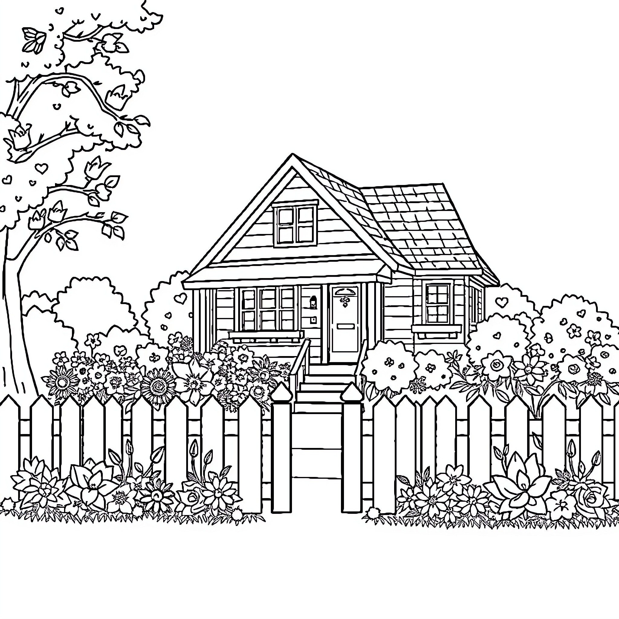 House surrounded by blooming flowers and nature Coloring Page (free black-and-white line drawing printable PDF for all, from beginners to advanced learners, including children, teens, adults, and seniors)