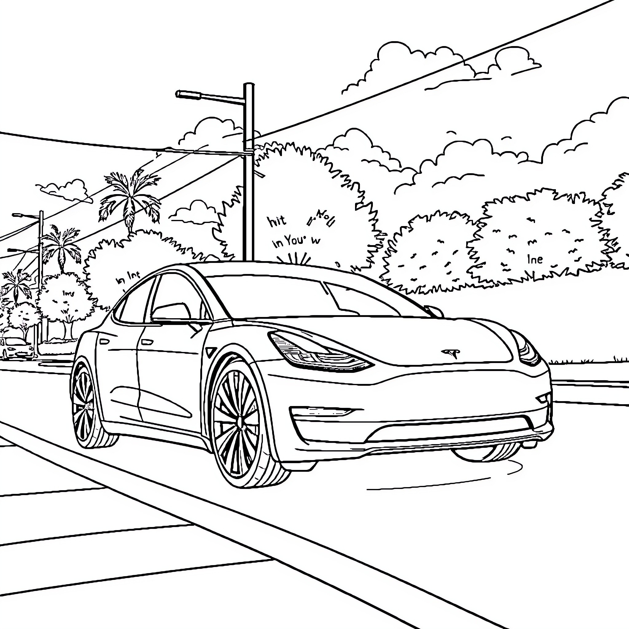 Tesla electric car on the road in nature Coloring Page (free black-and-white line drawing printable PDF for all, from beginners to advanced learners, including children, teens, adults, and seniors)