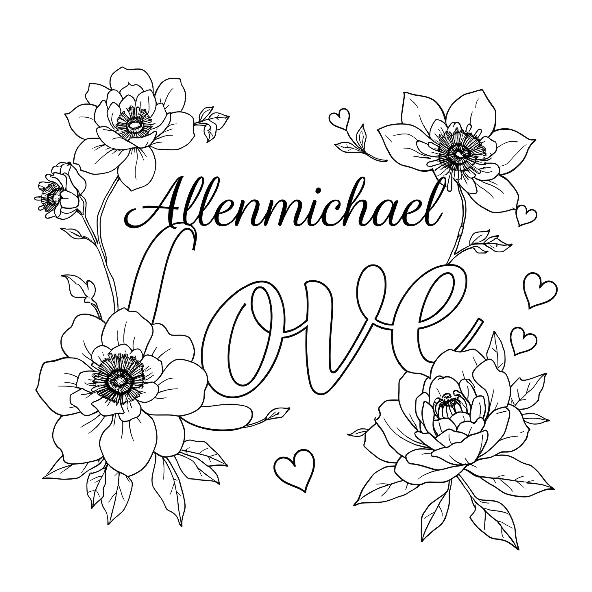 Floral love message with ornate flowers Coloring Page (free black-and-white line drawing printable PDF for all, from beginners to advanced learners, including children, teens, adults, and seniors)