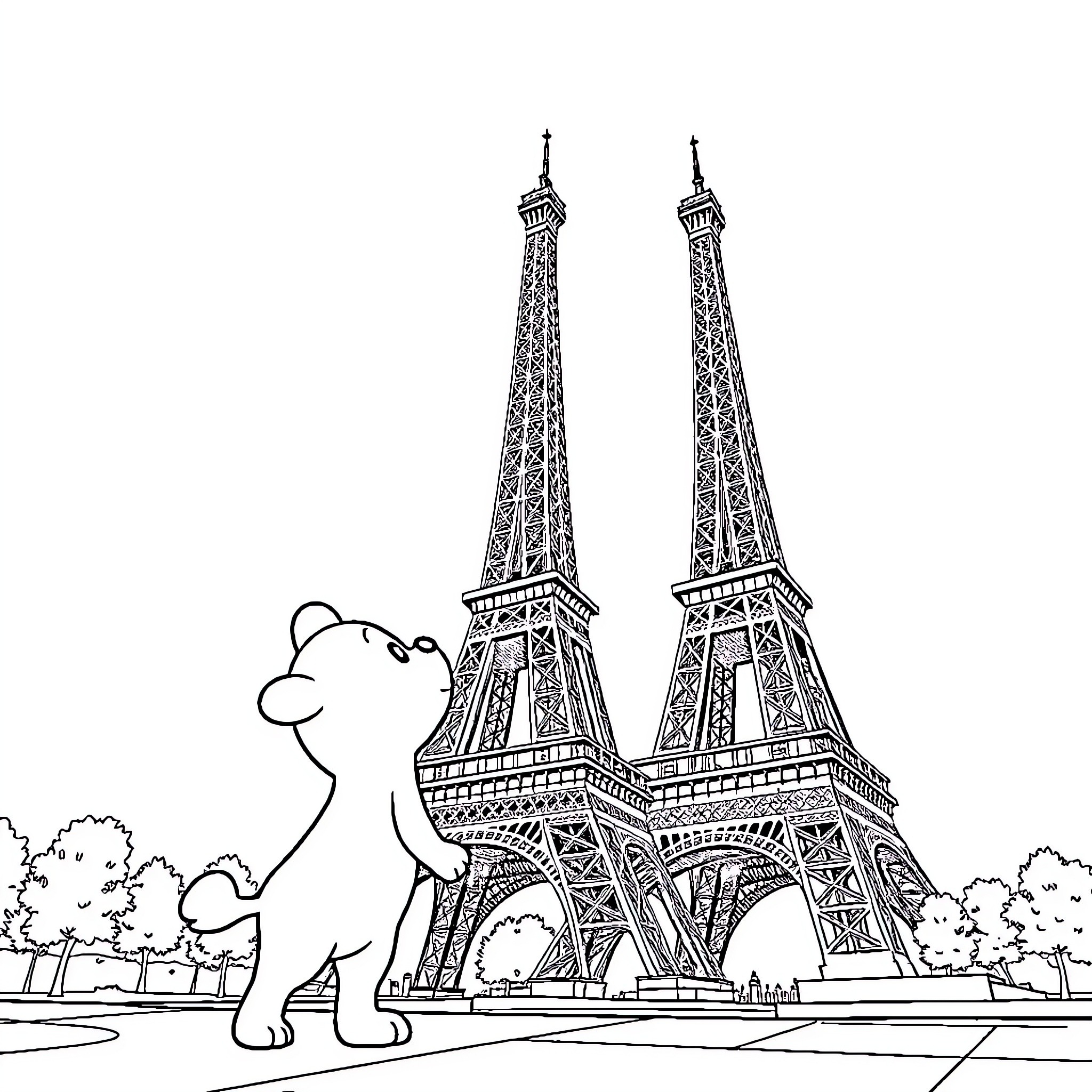 Bluey explores the iconic Eiffel Tower Coloring Page (free black-and-white line drawing printable PDF for all, from beginners to advanced learners, including children, teens, adults, and seniors)