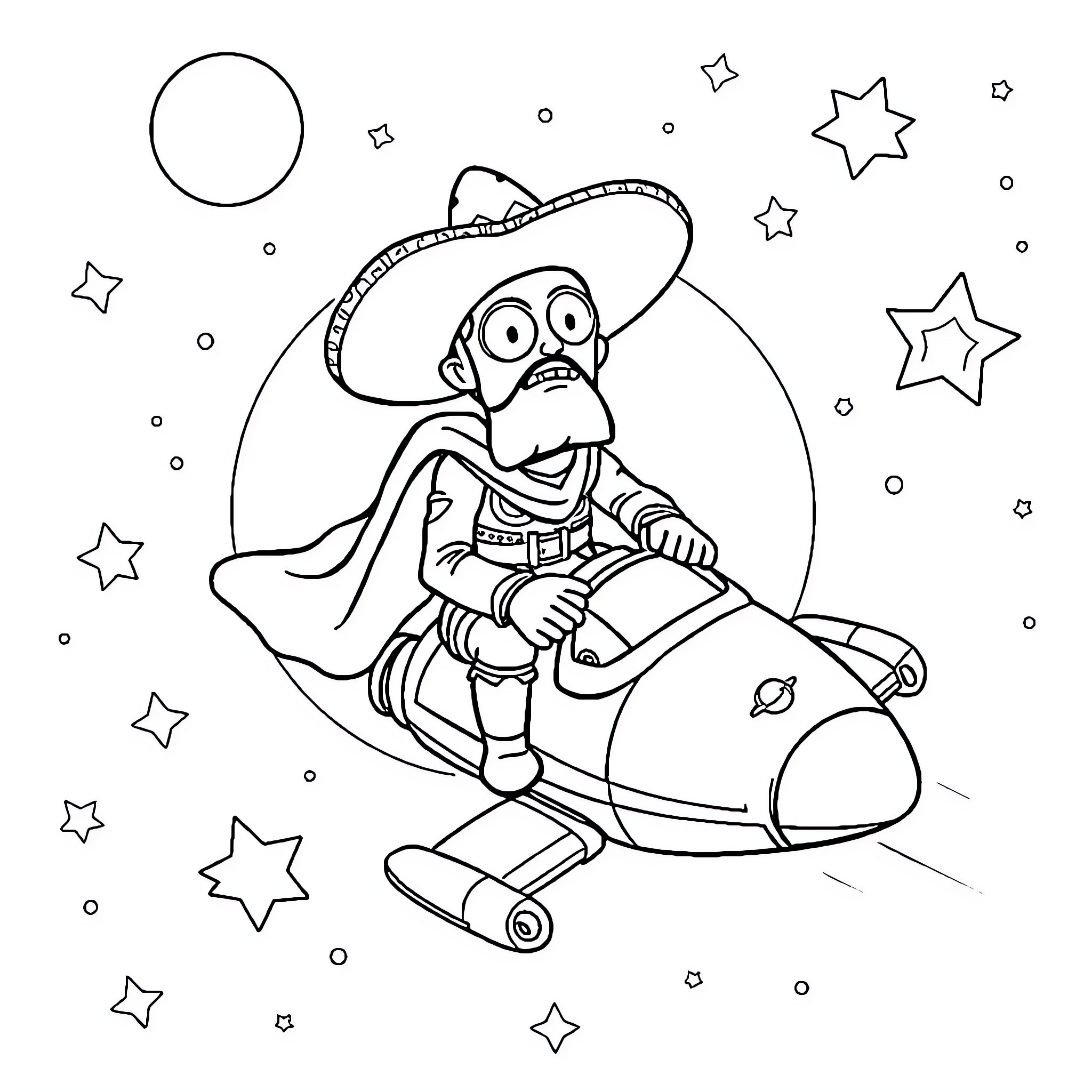 Taco astronaut floating in space with stars Coloring Page (free black-and-white line drawing printable PDF for all, from beginners to advanced learners, including children, teens, adults, and seniors)