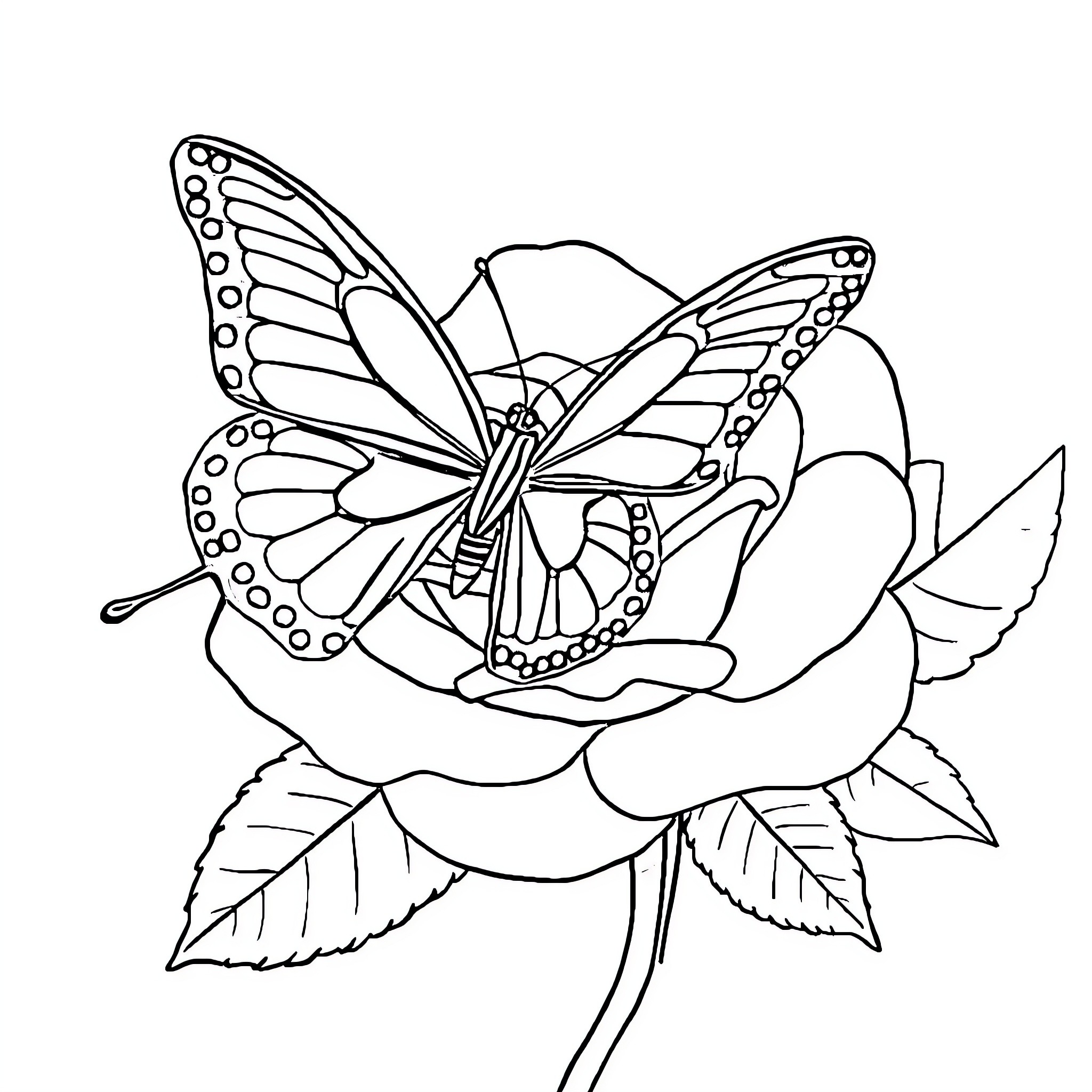 Butterfly resting on a detailed flower Coloring Page (free black-and-white line drawing printable PDF for all, from beginners to advanced learners, including children, teens, adults, and seniors)