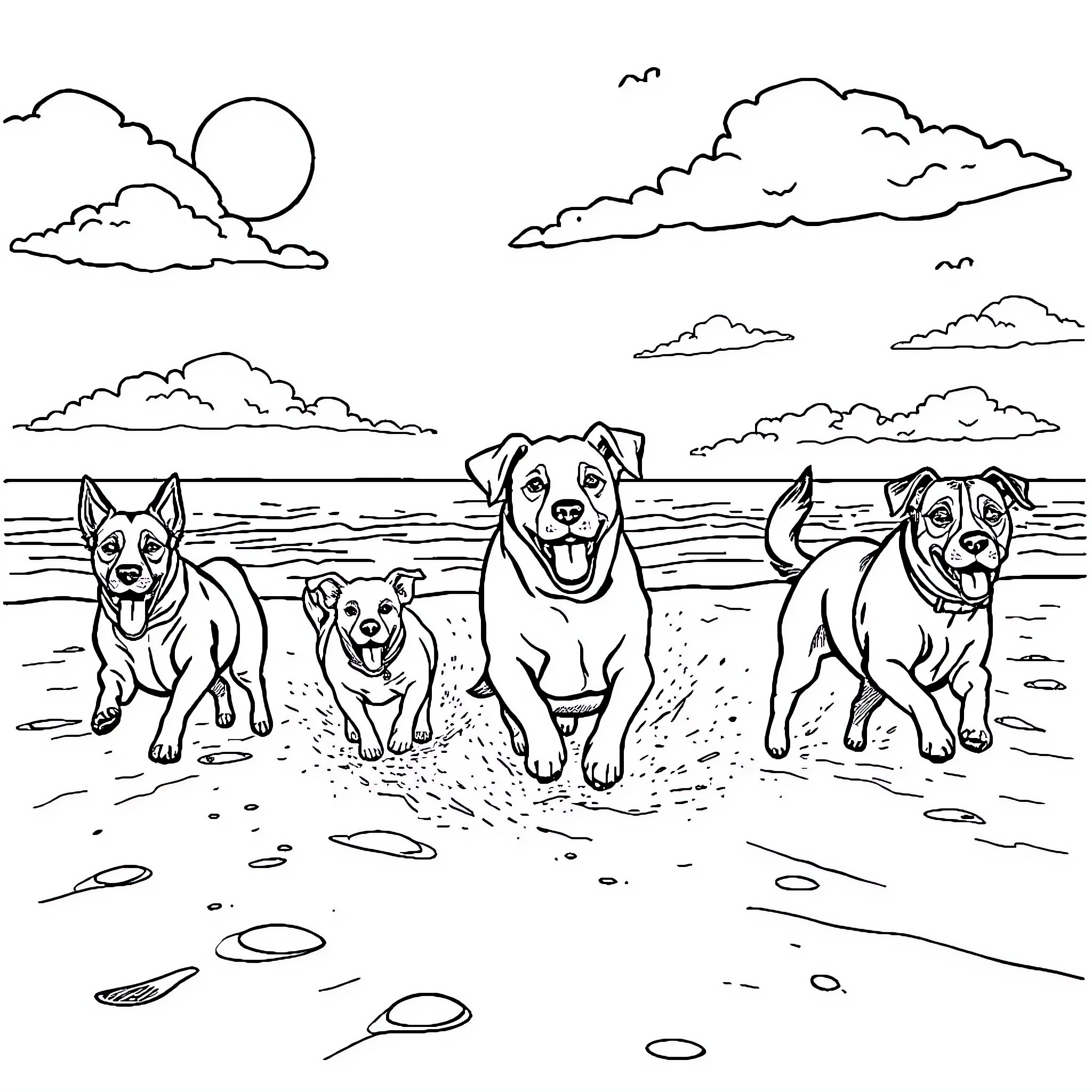 Dog friends playing on the beach Coloring Page (free black-and-white line drawing printable PDF for all, from beginners to advanced learners, including children, teens, adults, and seniors)